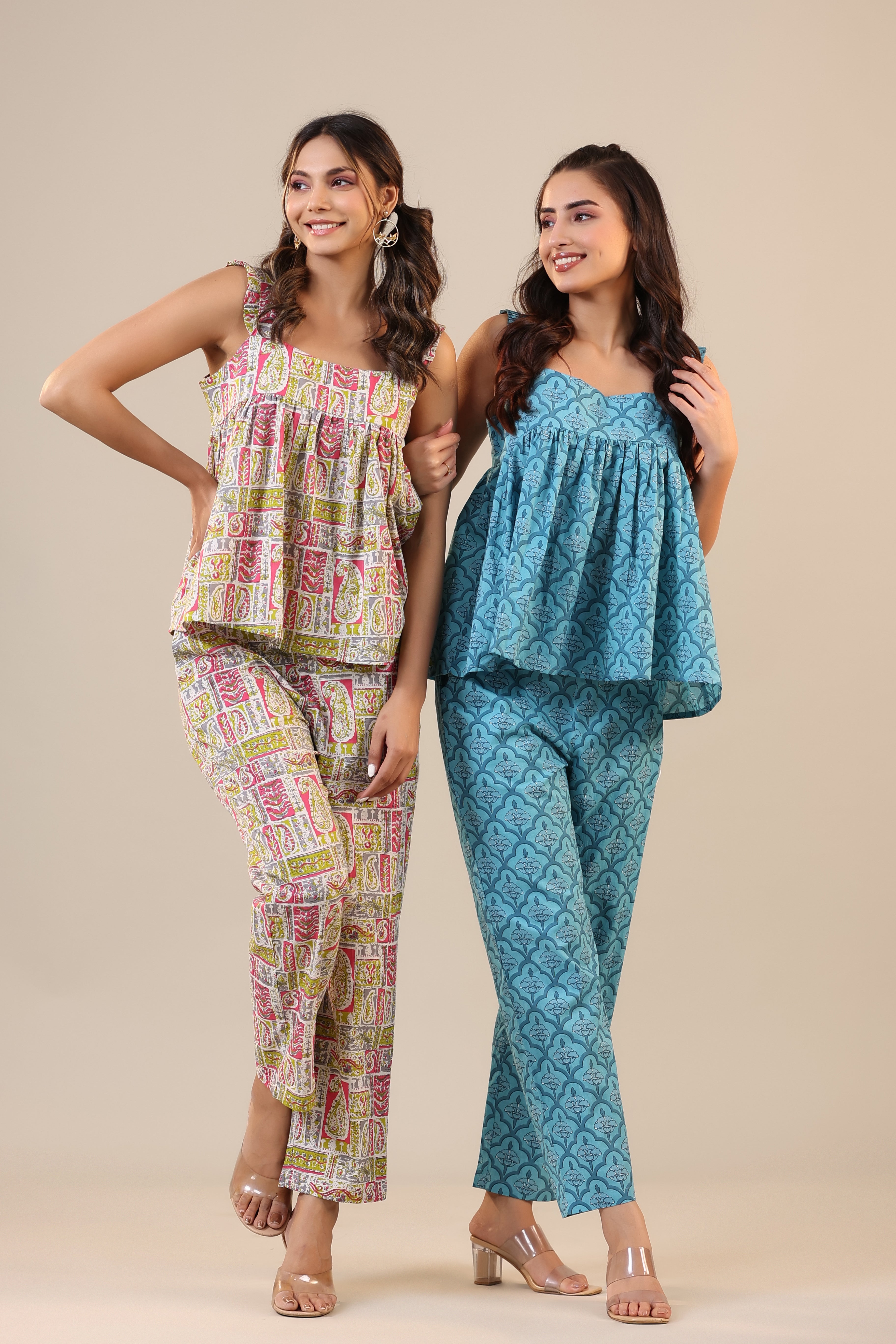 Coral Canopies on Blue Cotton Loungewear Top Set