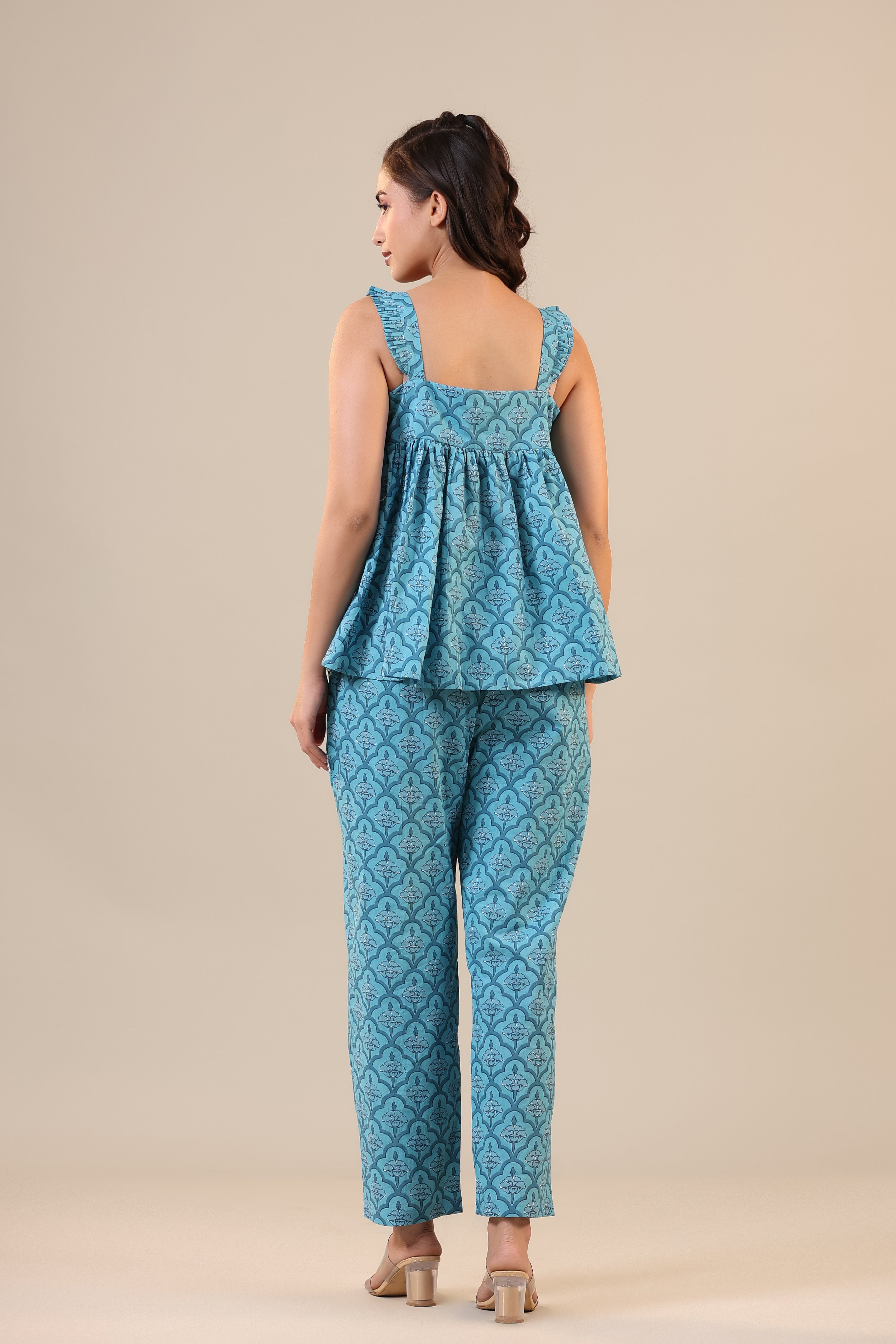 Coral Canopies on Blue Cotton Loungewear Top Set