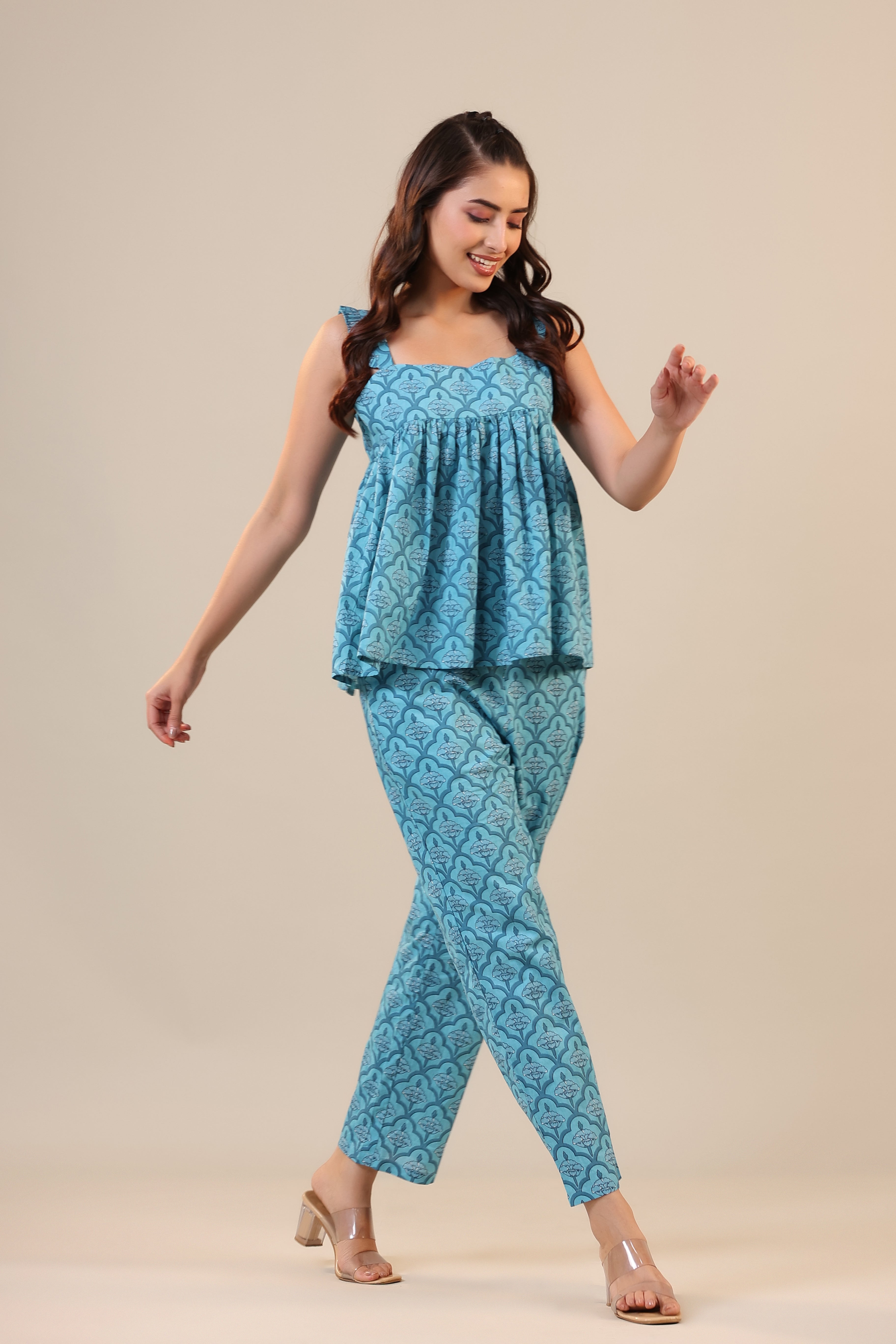 Coral Canopies on Blue Cotton Loungewear Top Set