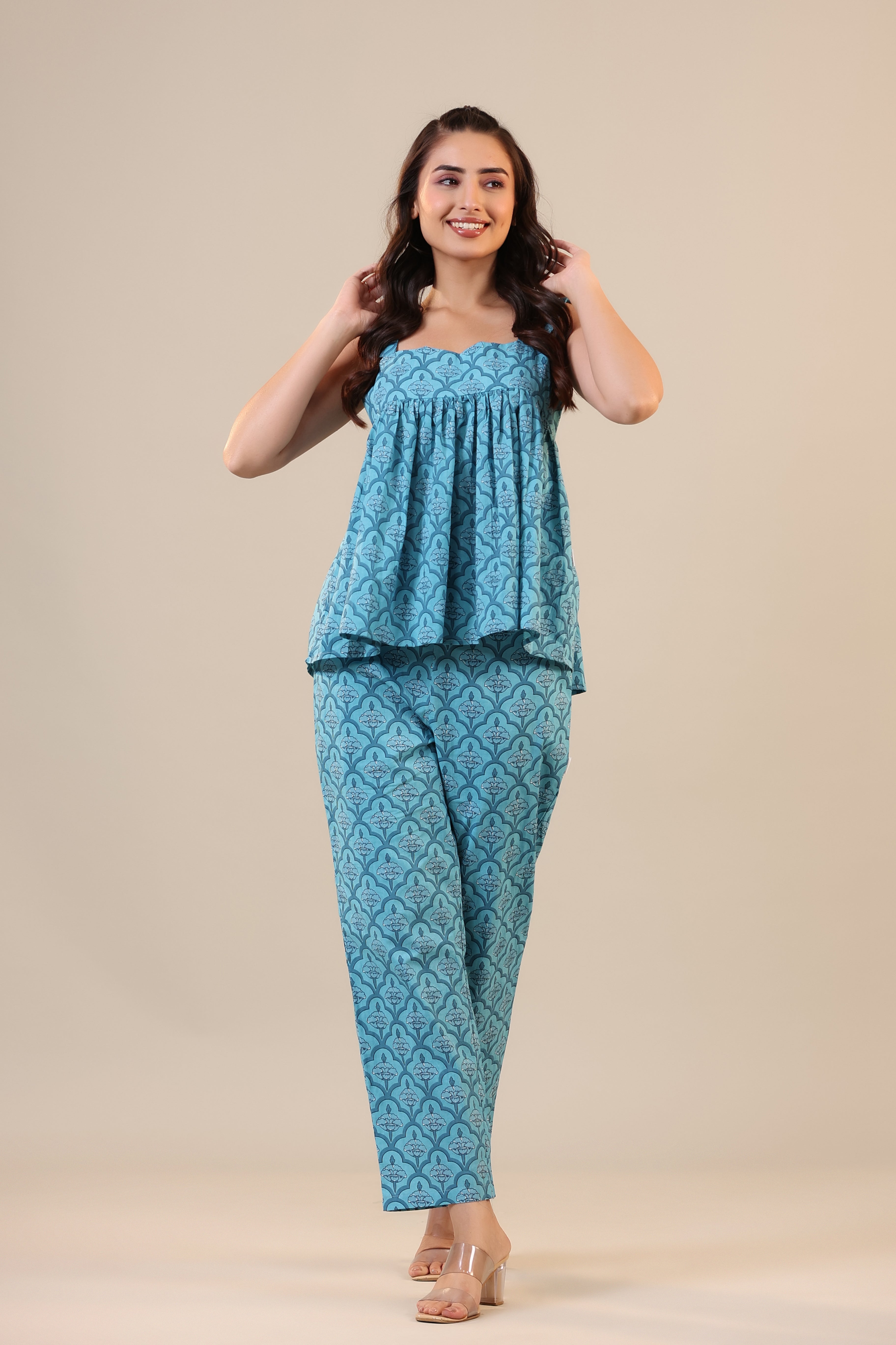 Coral Canopies on Blue Cotton Loungewear Top Set