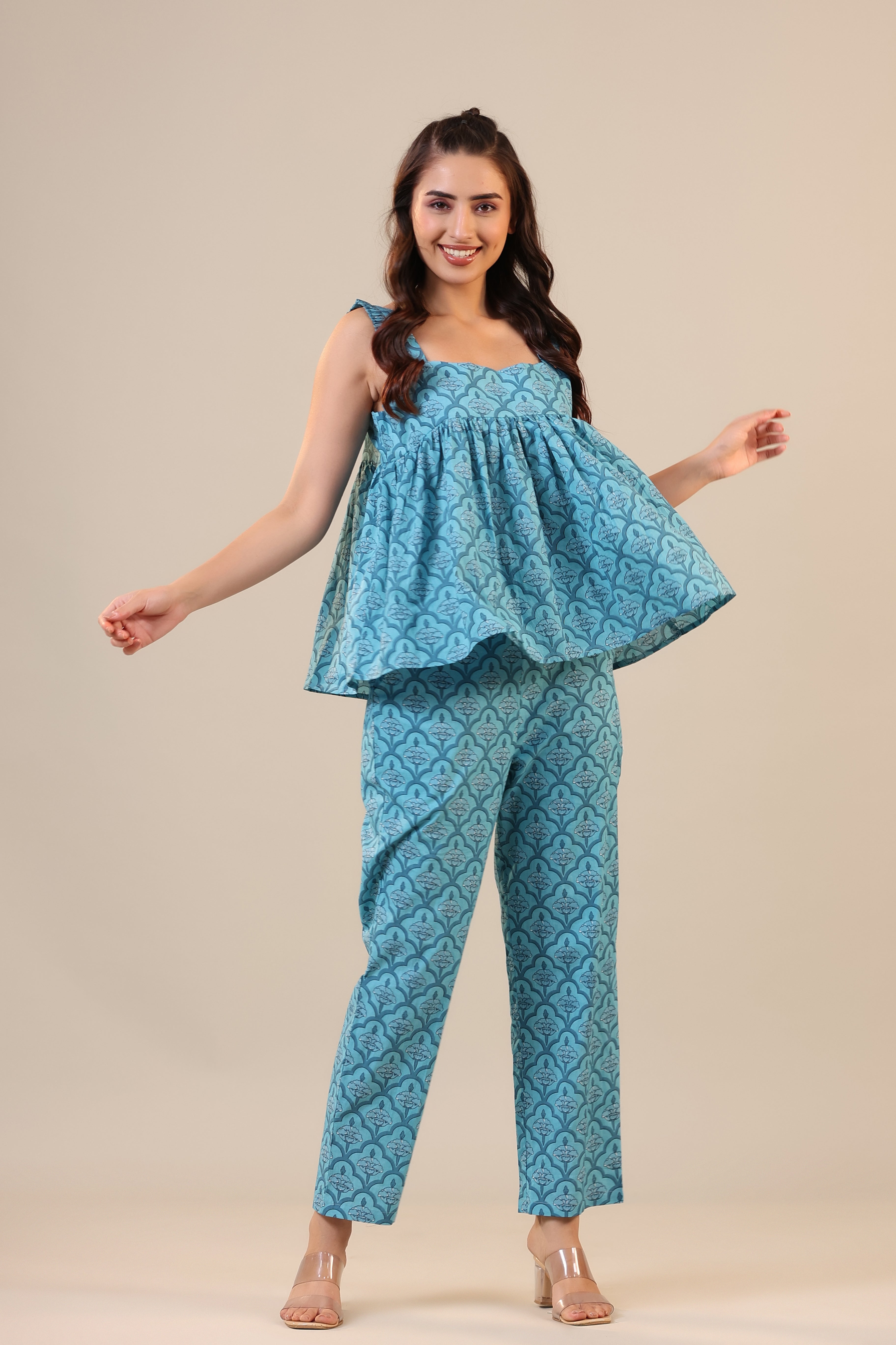 Coral Canopies on Blue Cotton Loungewear Top Set