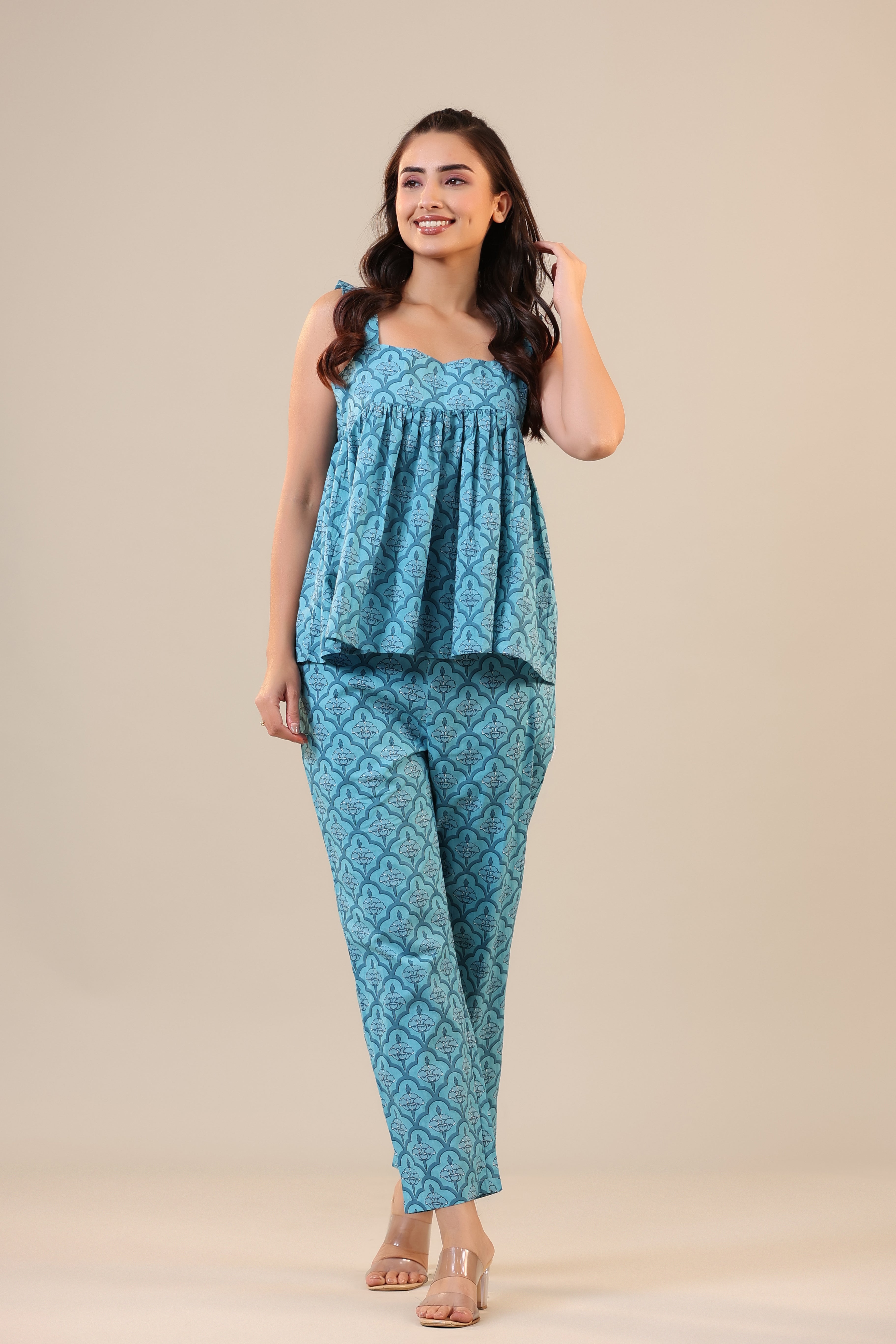 Coral Canopies on Blue Cotton Loungewear Top Set