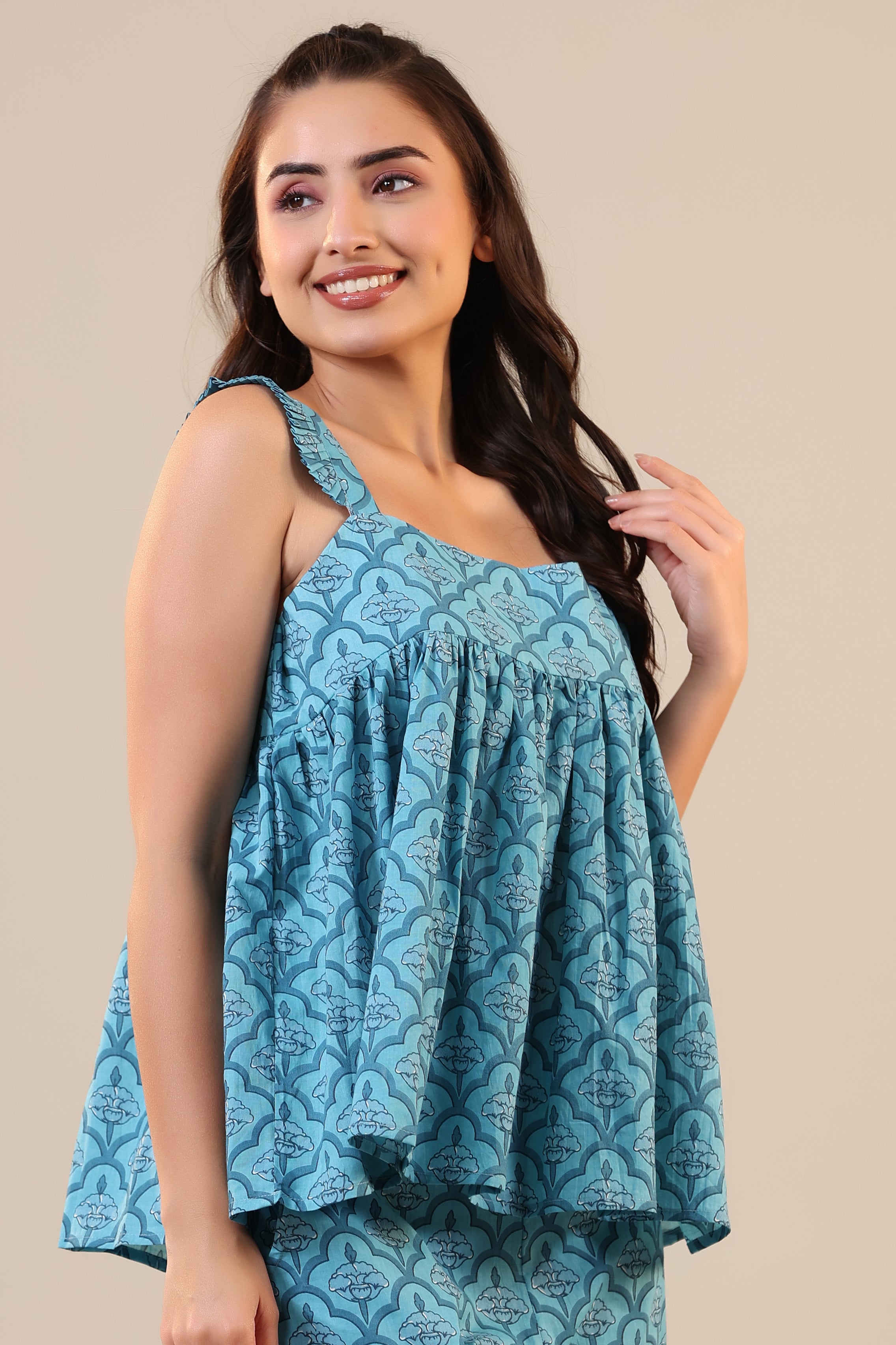 Coral Canopies on Blue Cotton Loungewear Top Set