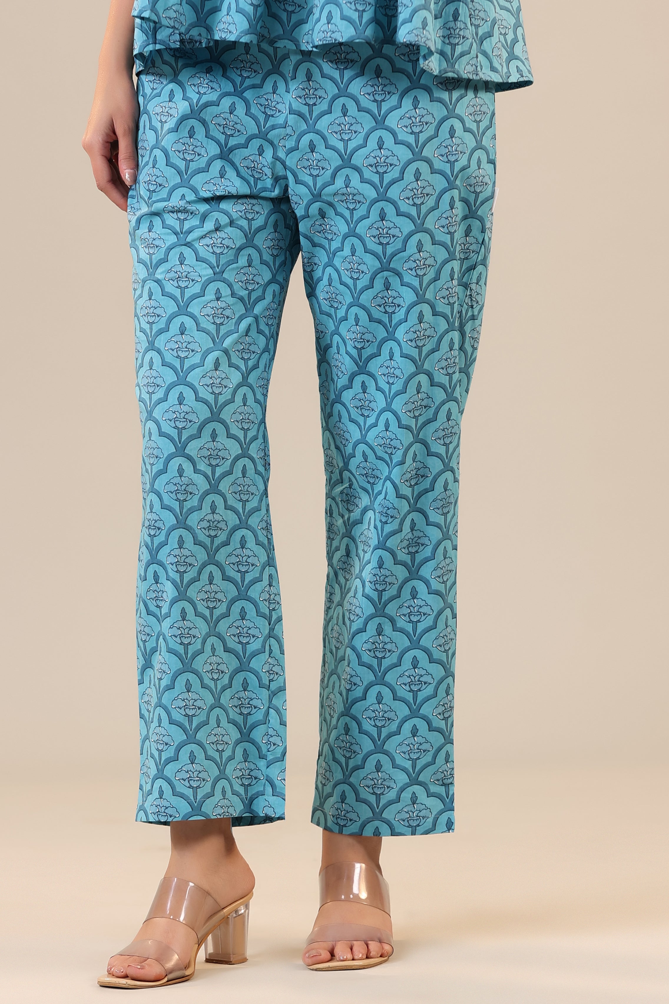Coral Canopies on Blue Cotton Loungewear Top Set