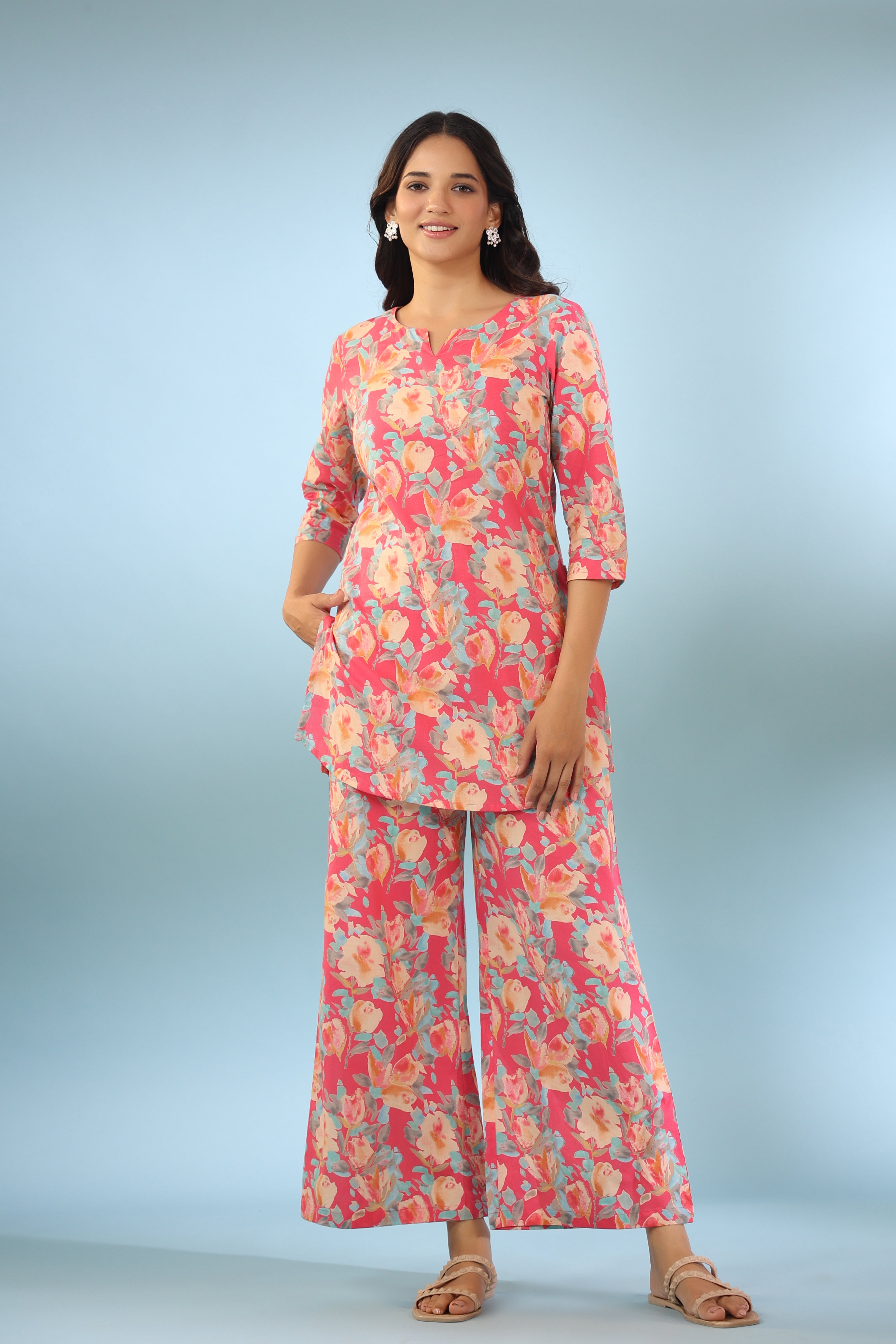 Painted Bouquet on Pink Cotton Palazzo Loungewear Set