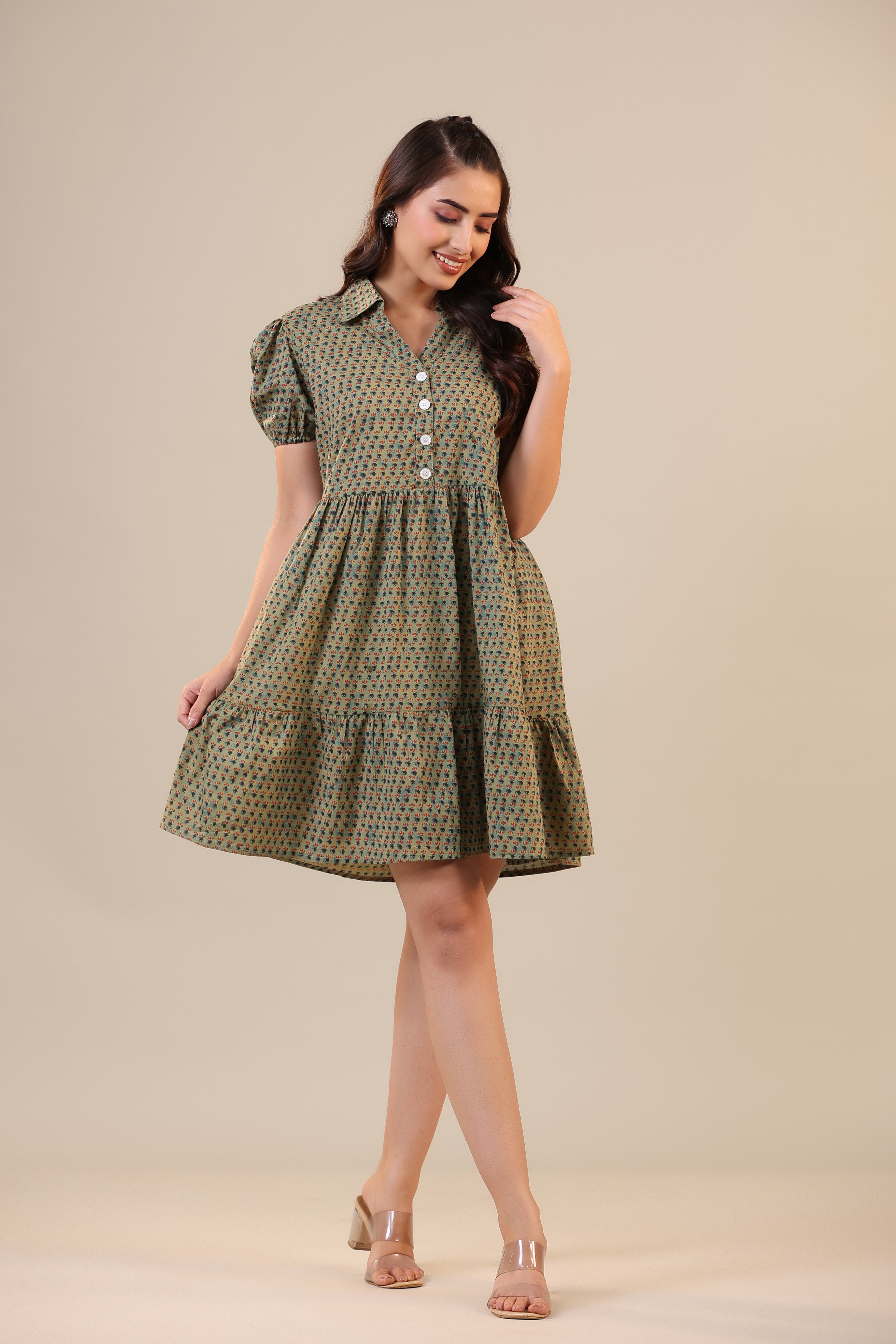 Midnight Motif on Green Cotton T-shirt dress