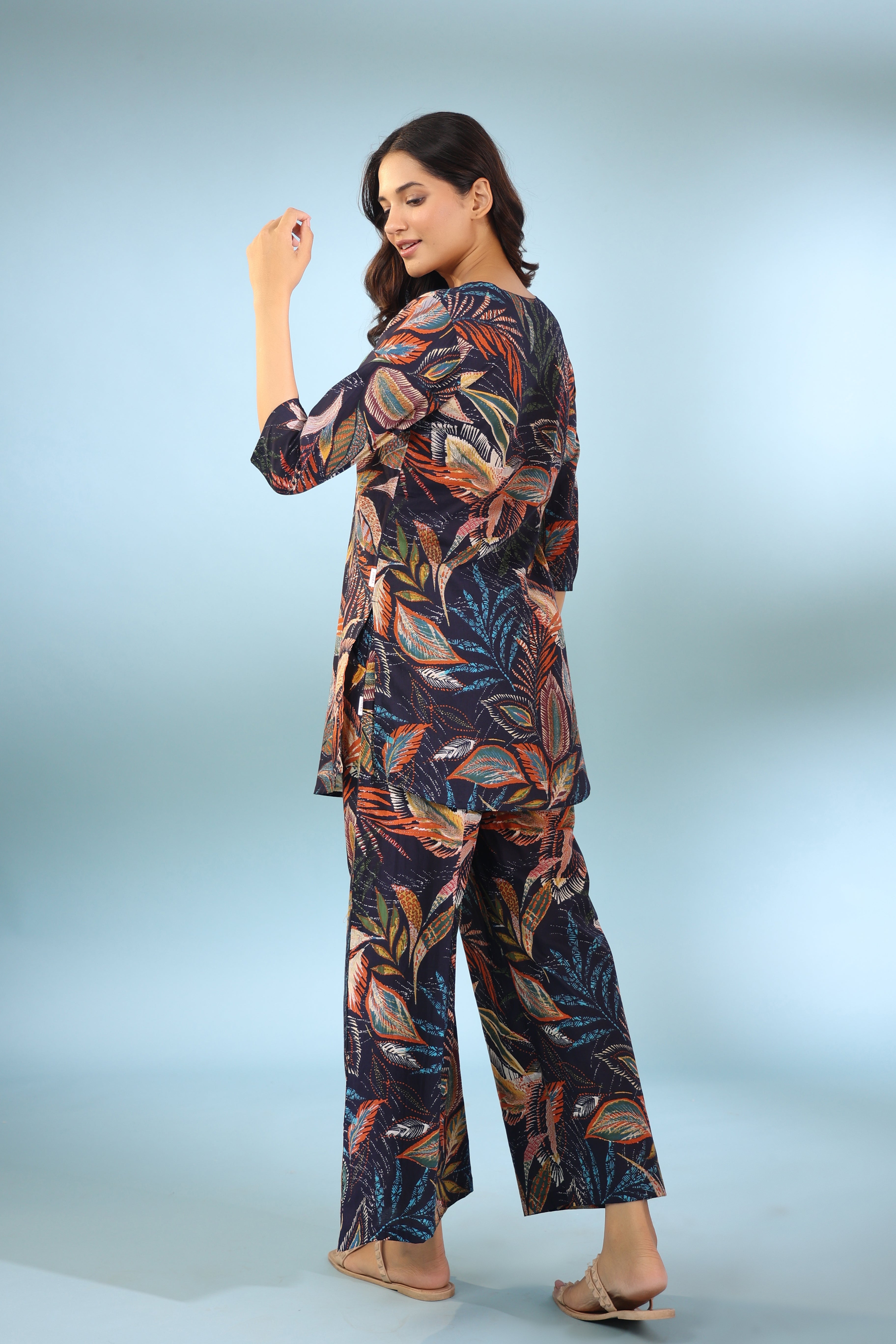 Leaf Ombre on Blue Cotton Palazzo Loungewear Set