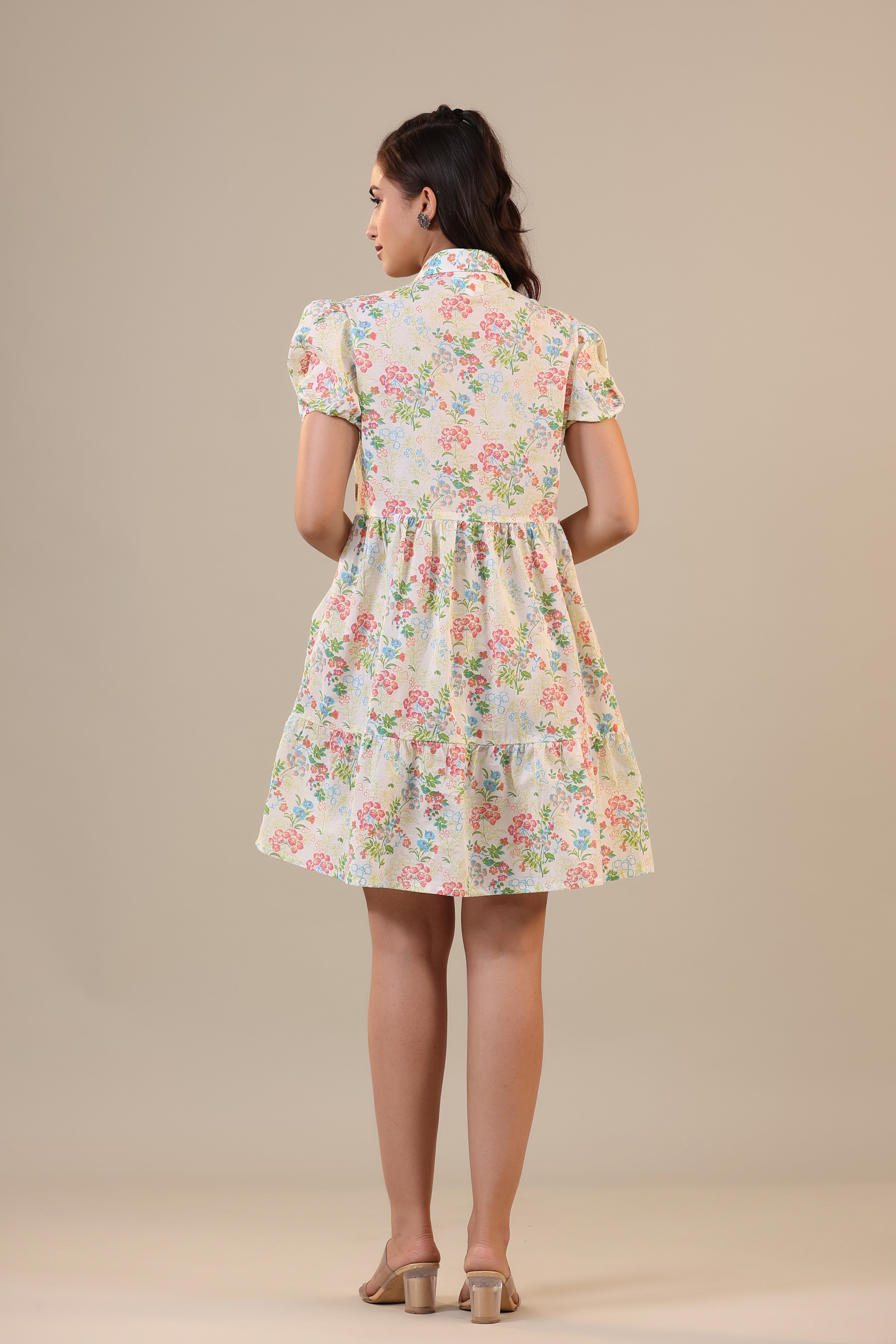 Floral Canopies on Off white Collared Cotton T-shirt dress