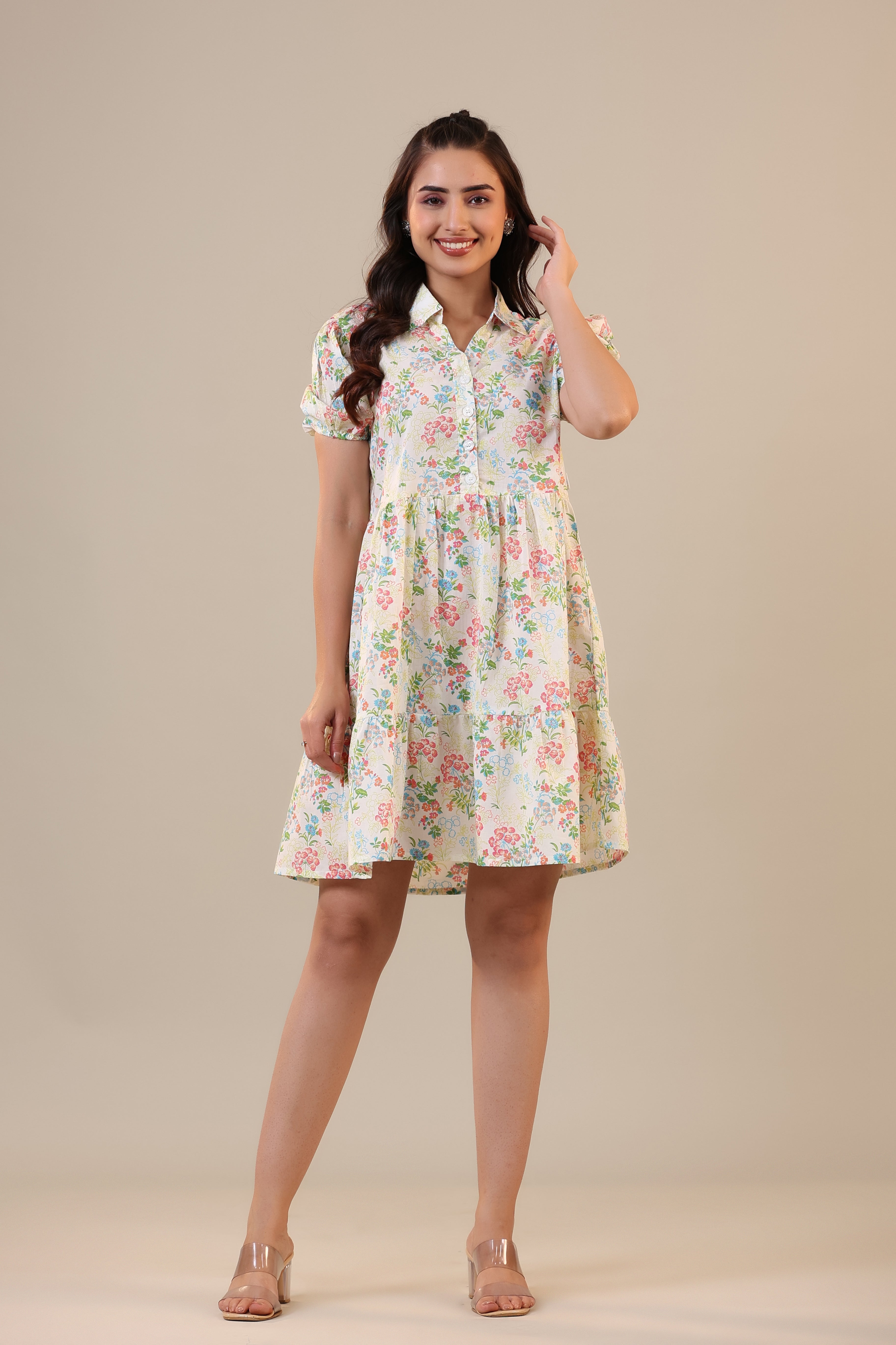 Floral Canopies on Off white Collared Cotton T-shirt dress