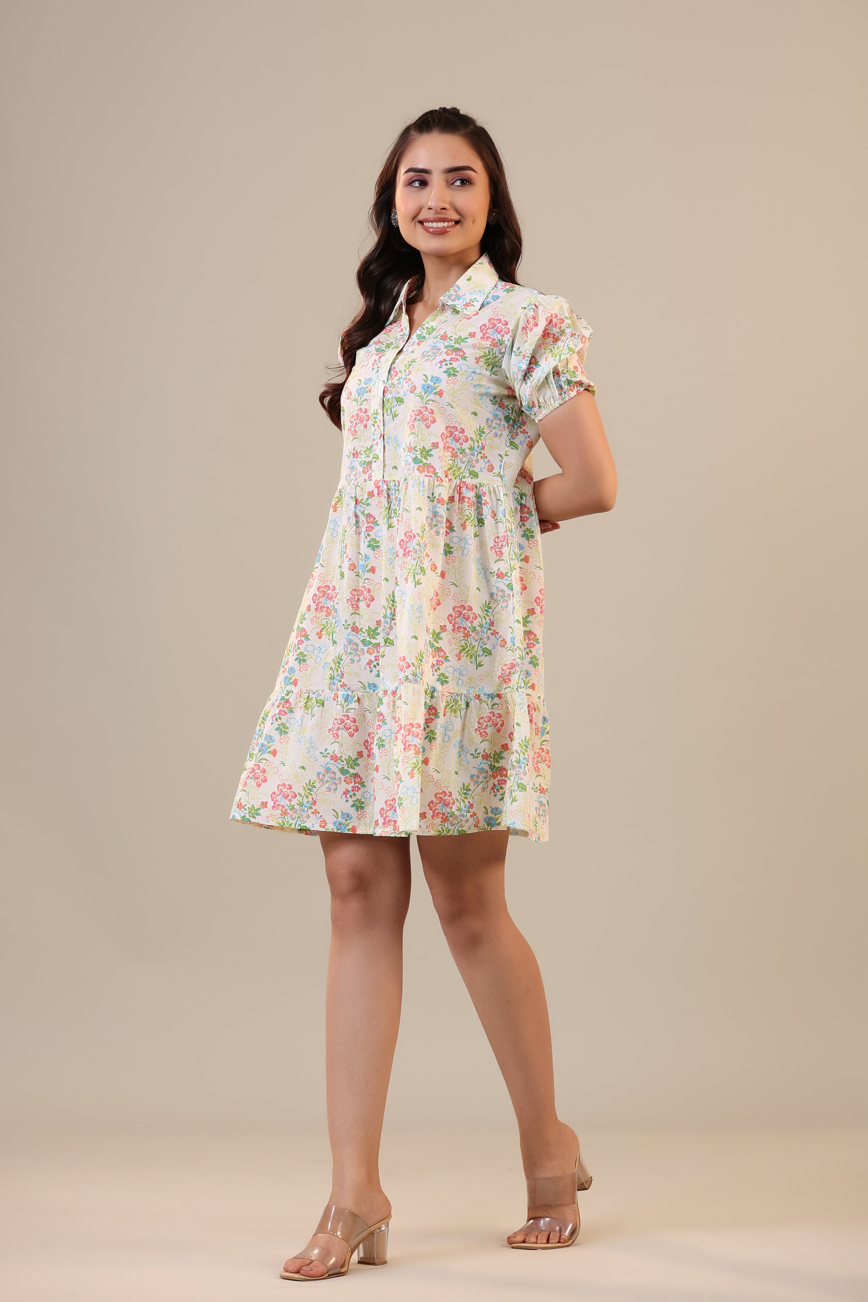 Floral Canopies on Off white Collared Cotton T-shirt dress