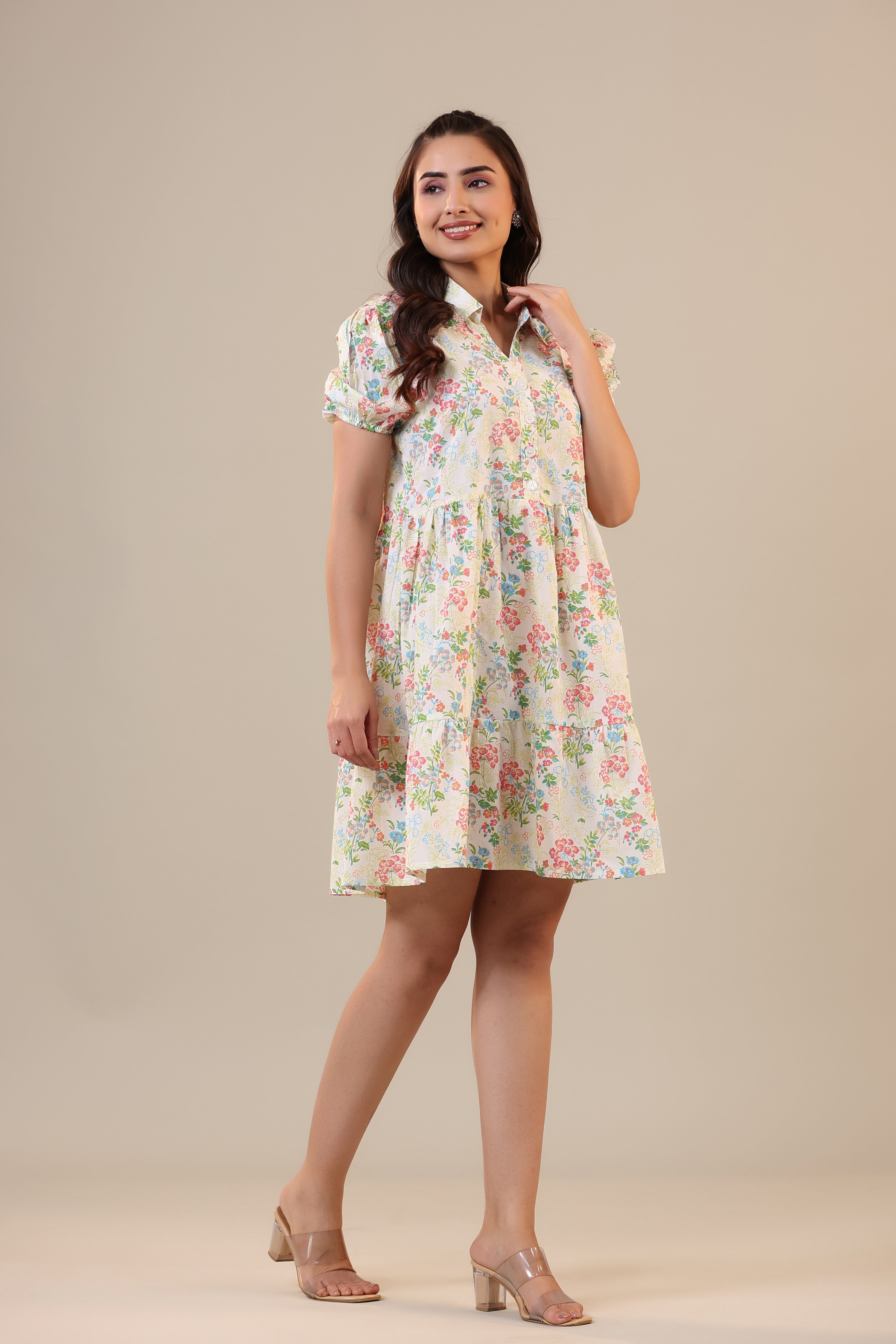 Floral Canopies on Off white Collared Cotton T-shirt dress