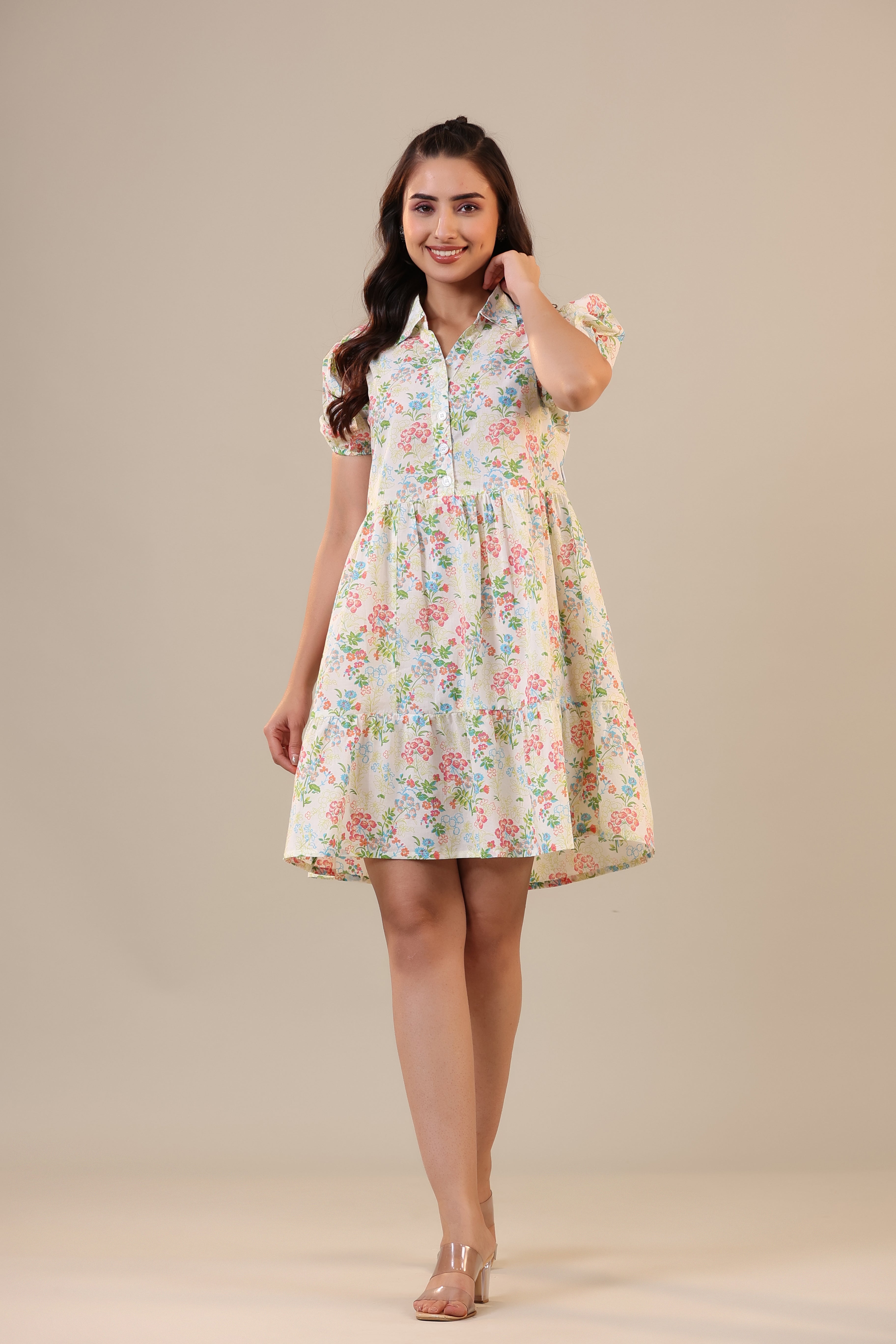 Floral Canopies on Off white Collared Cotton T-shirt dress
