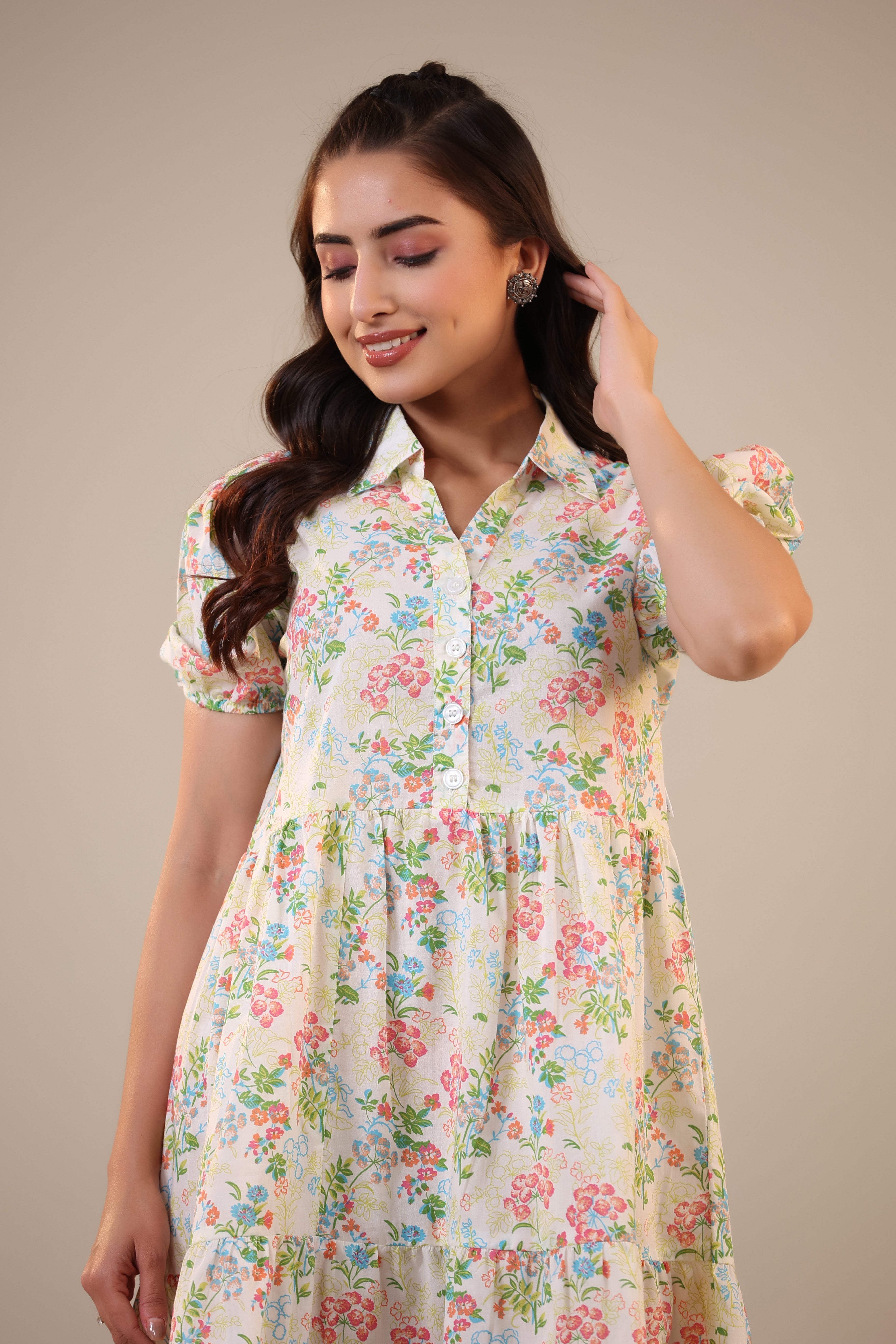 Floral Canopies on Off white Collared Cotton T-shirt dress