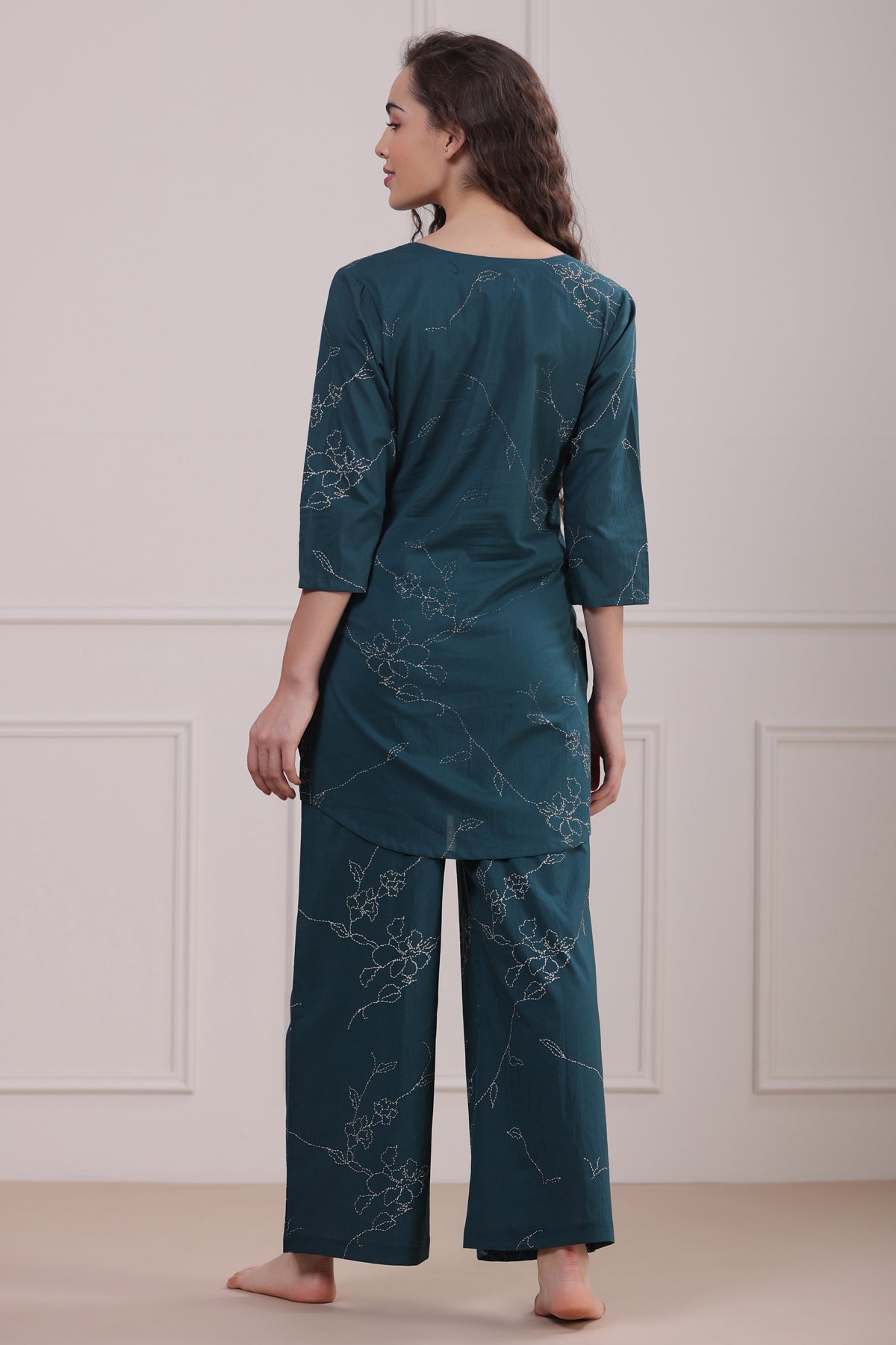 Floral Dots on Emerald Cotton Palazzo Loungewear Set
