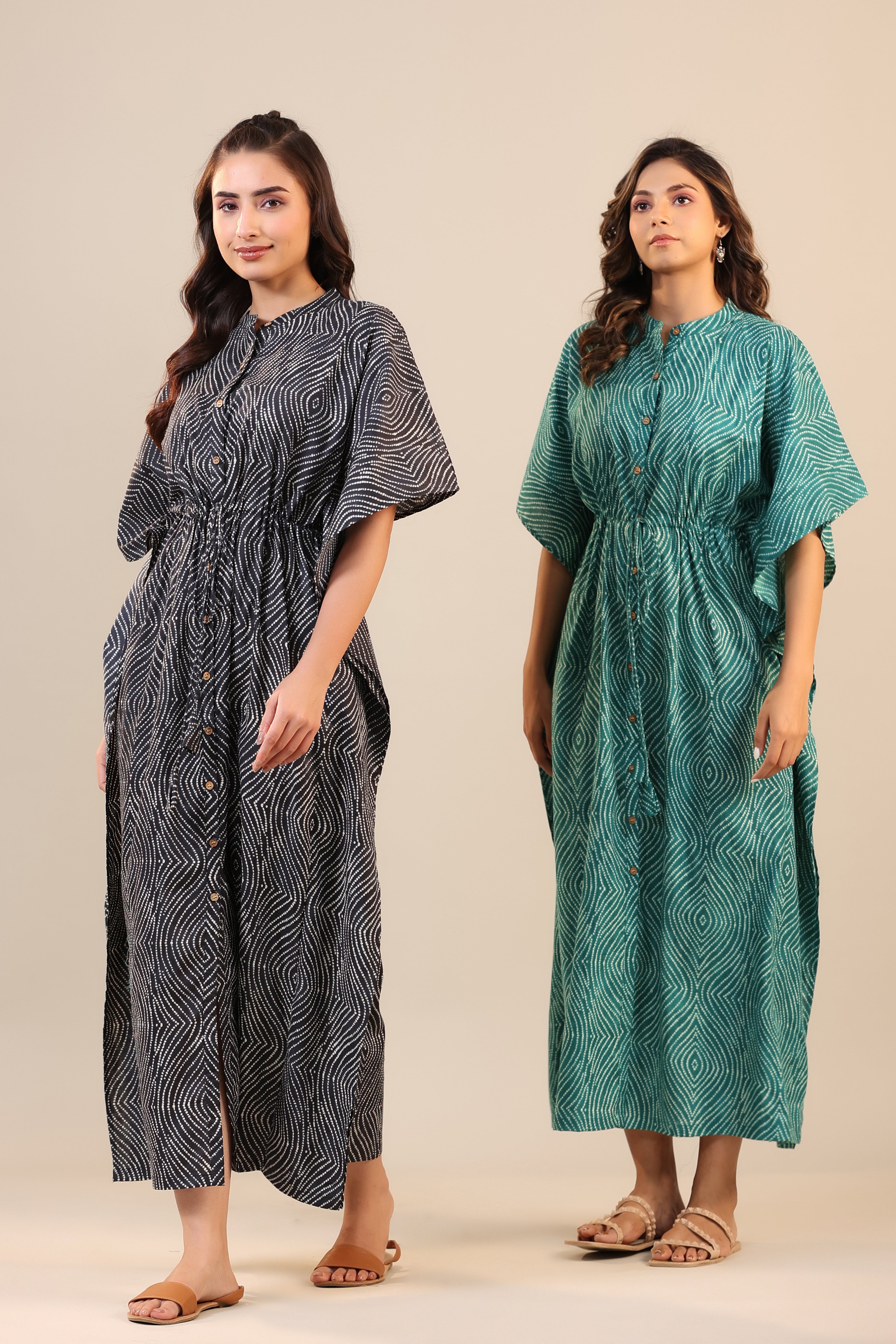 Patterned Shibori on Black Front Buttoned Kaftan