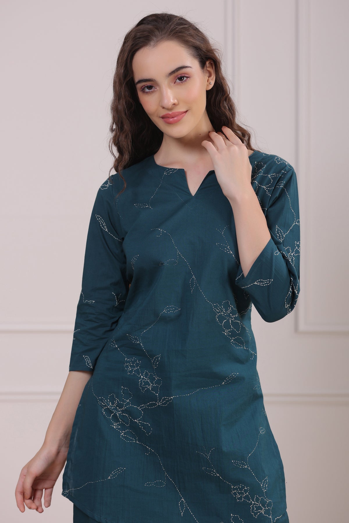 Floral Dots on Emerald Cotton Palazzo Loungewear Set