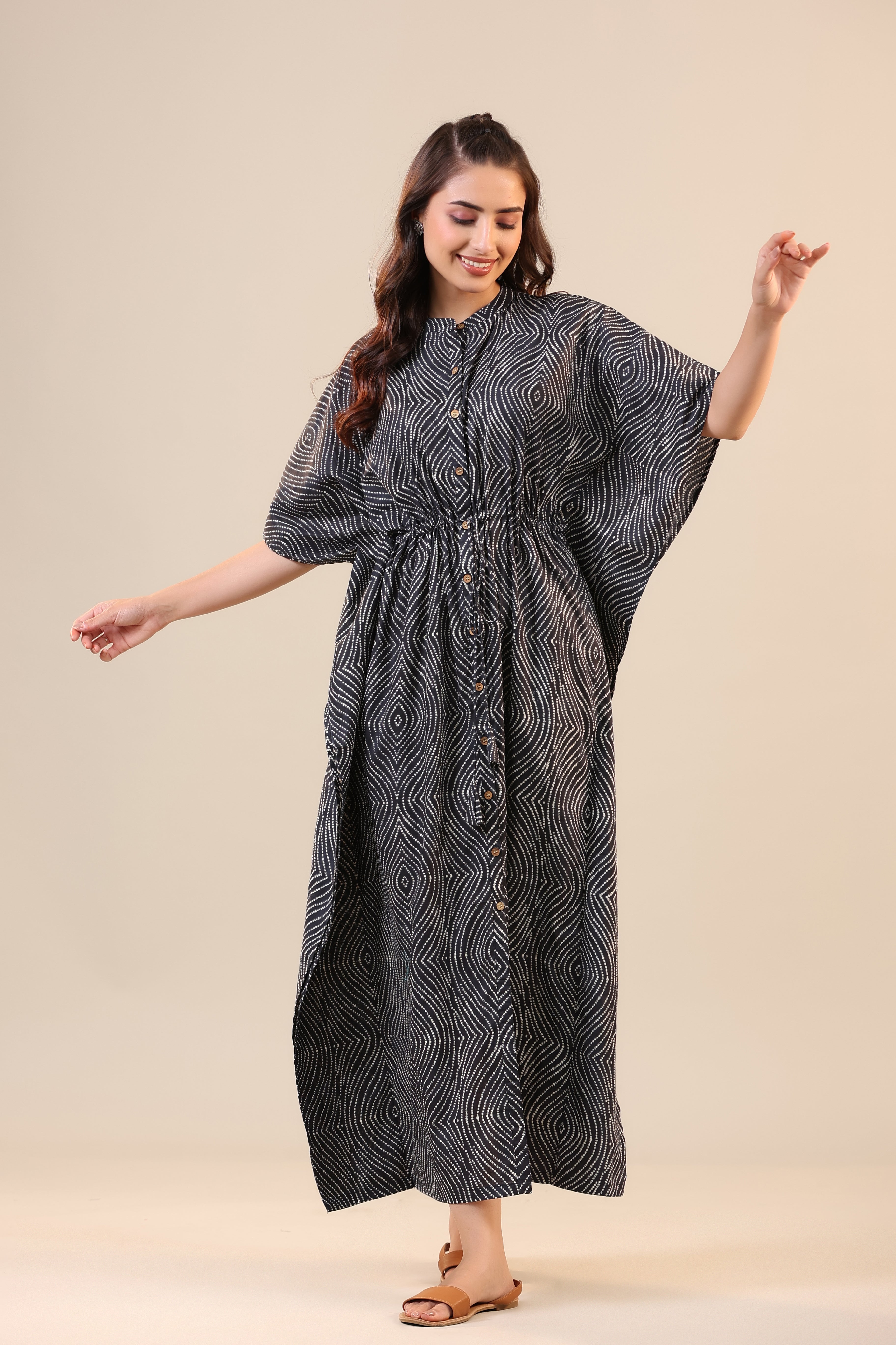 Patterned Shibori on Black Front Buttoned Kaftan