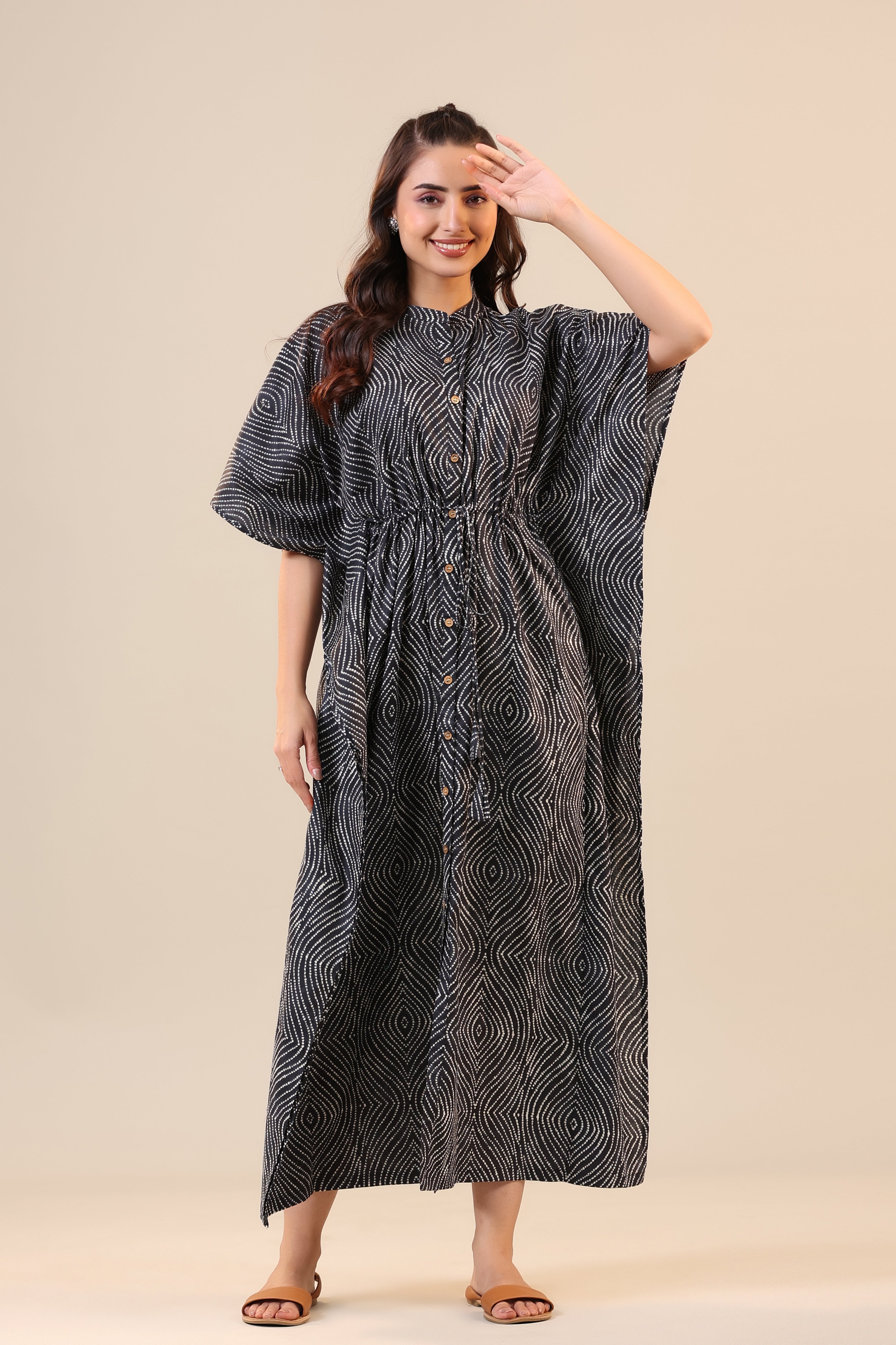 Patterned Shibori on Black Front Buttoned Kaftan
