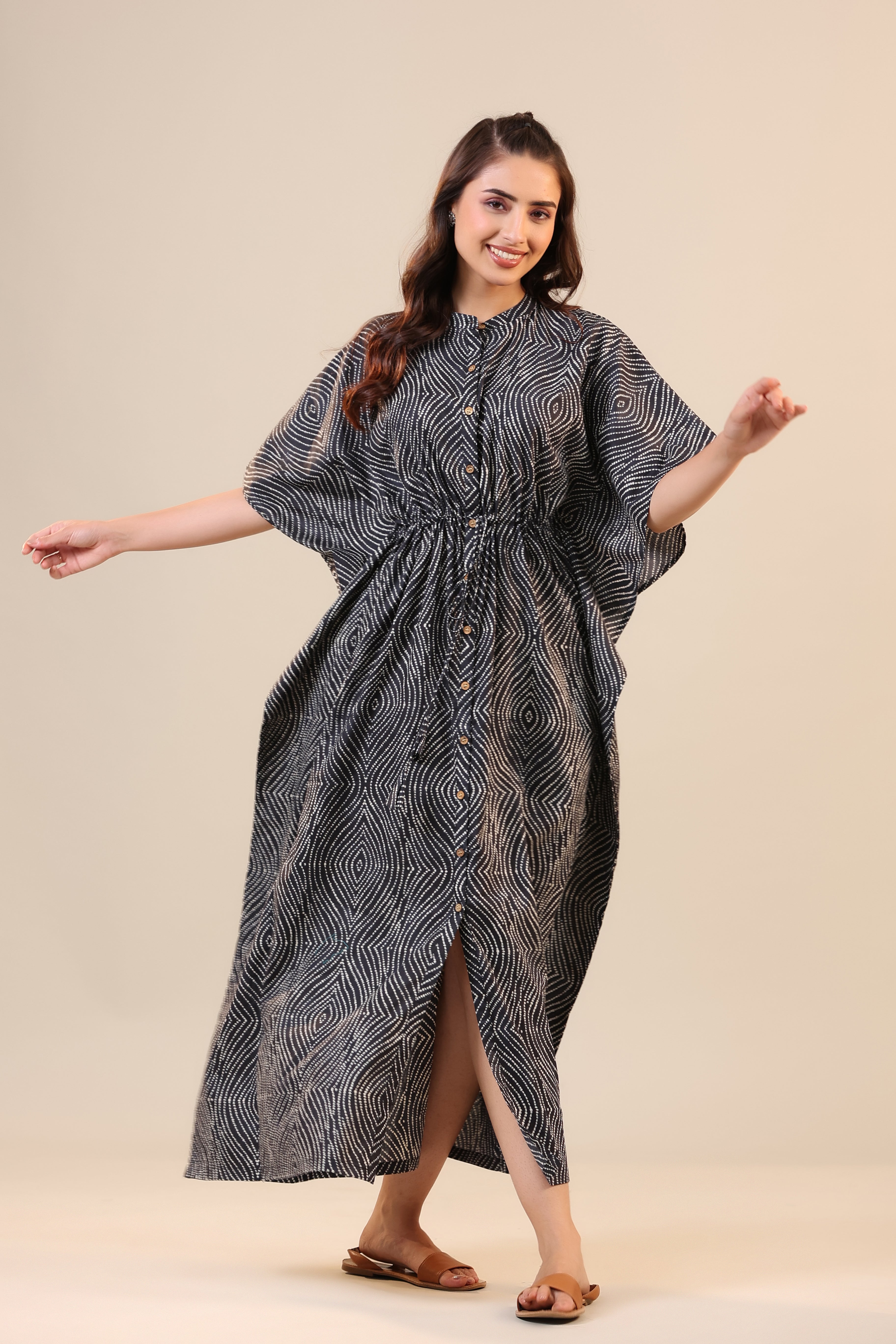 Patterned Shibori on Black Front Buttoned Kaftan