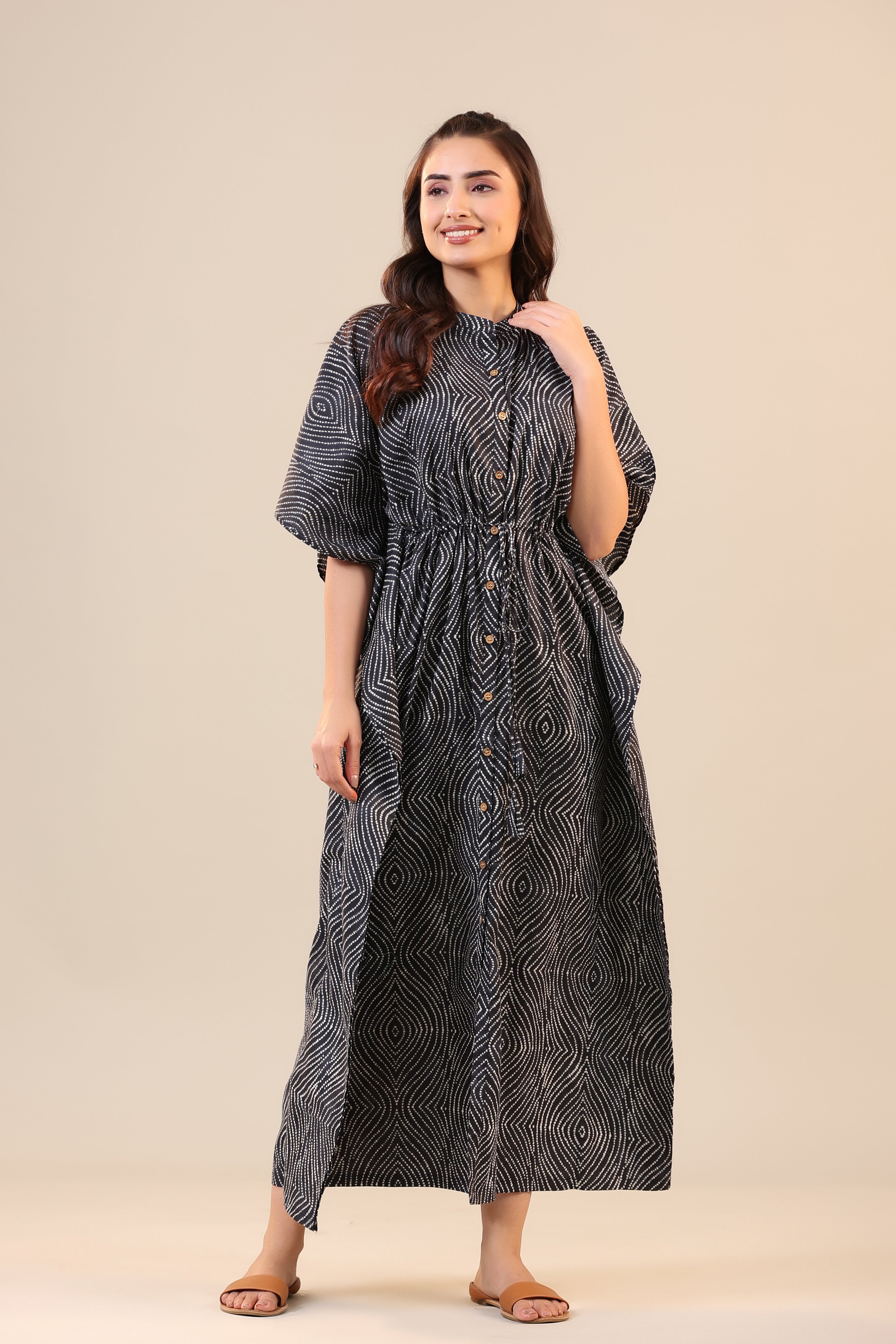 Patterned Shibori on Black Front Buttoned Kaftan
