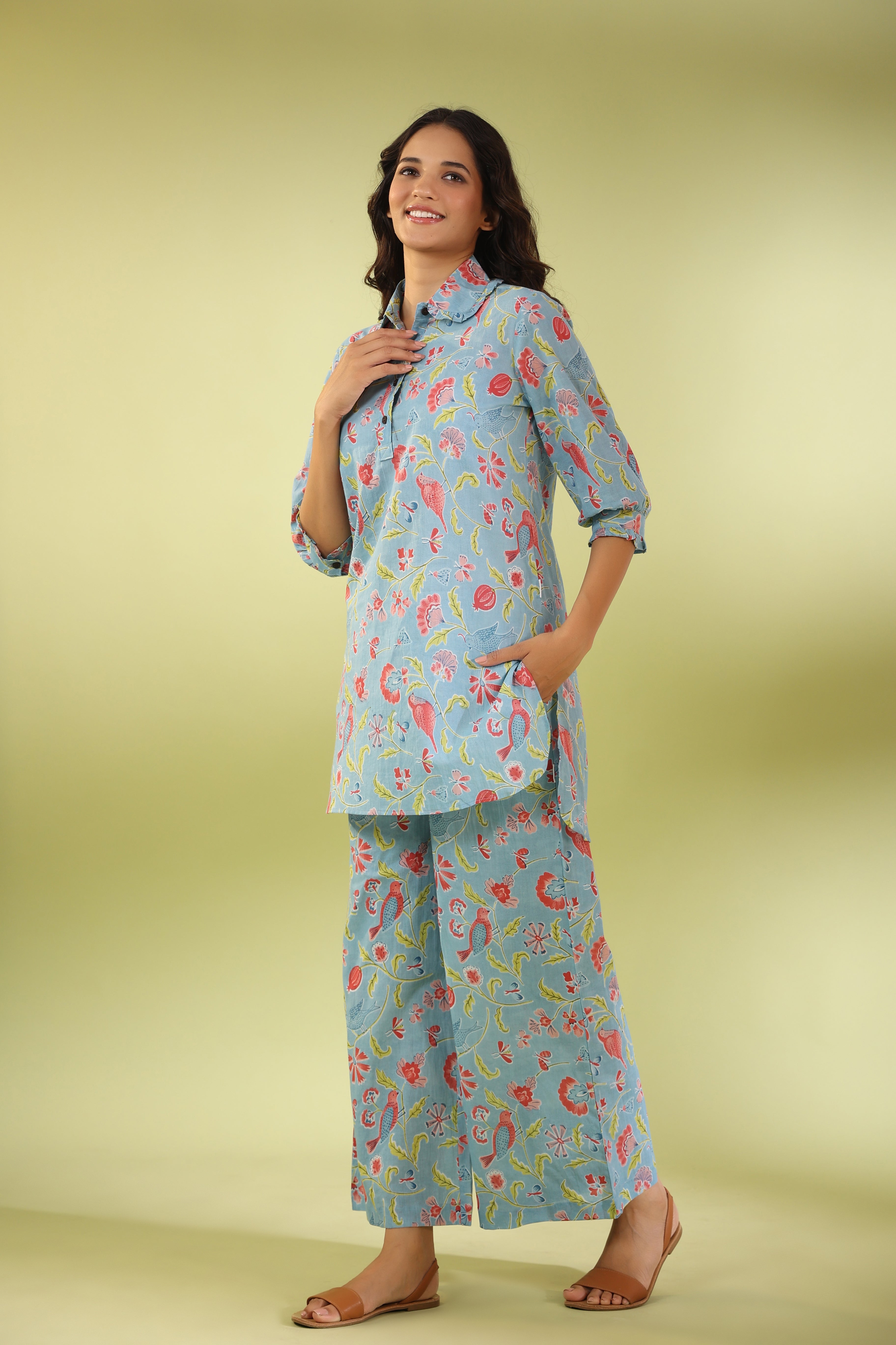 Birdsong Soirée on Light blue Cotton Loungewear Set
