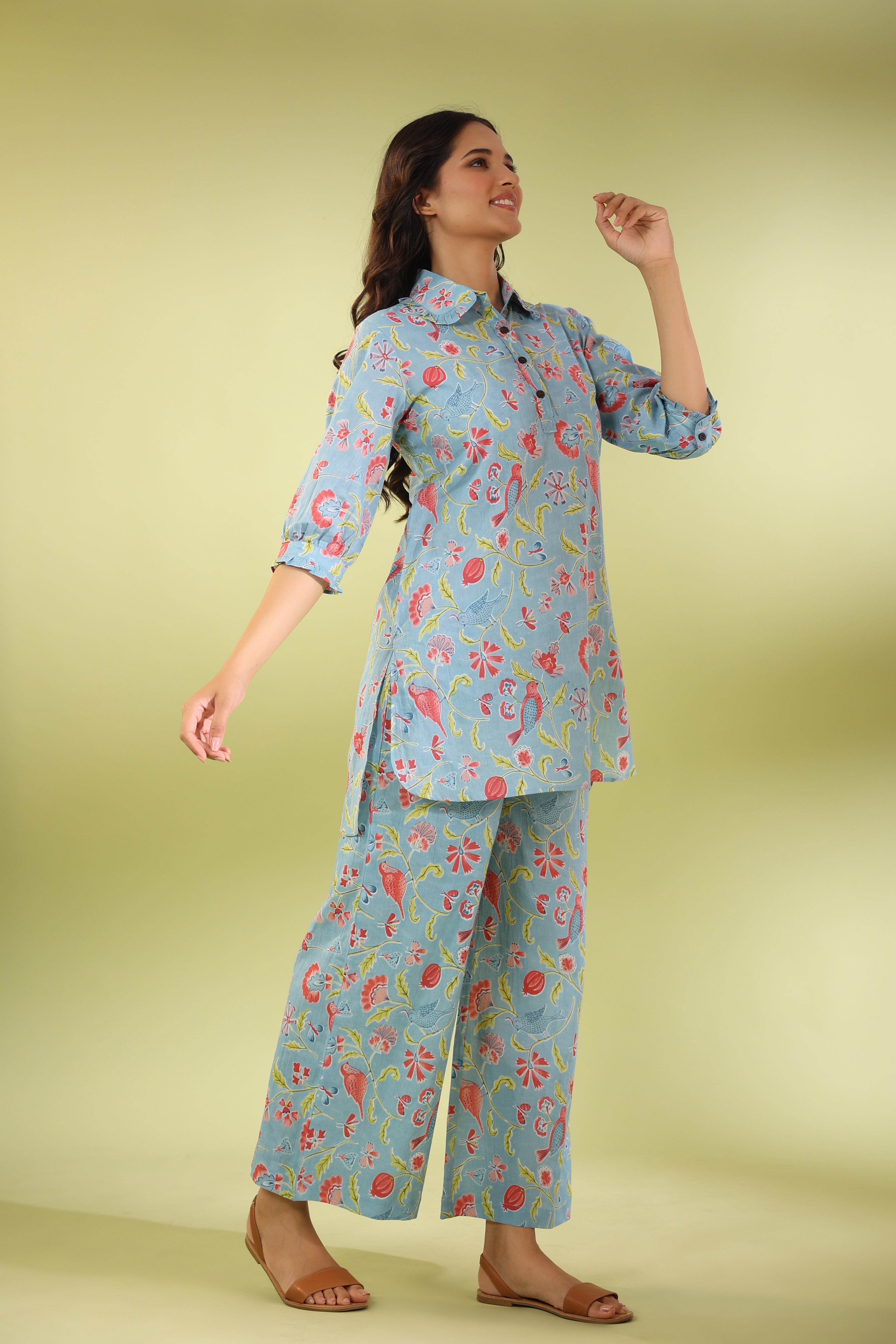 Birdsong Soirée on Light blue Cotton Loungewear Set