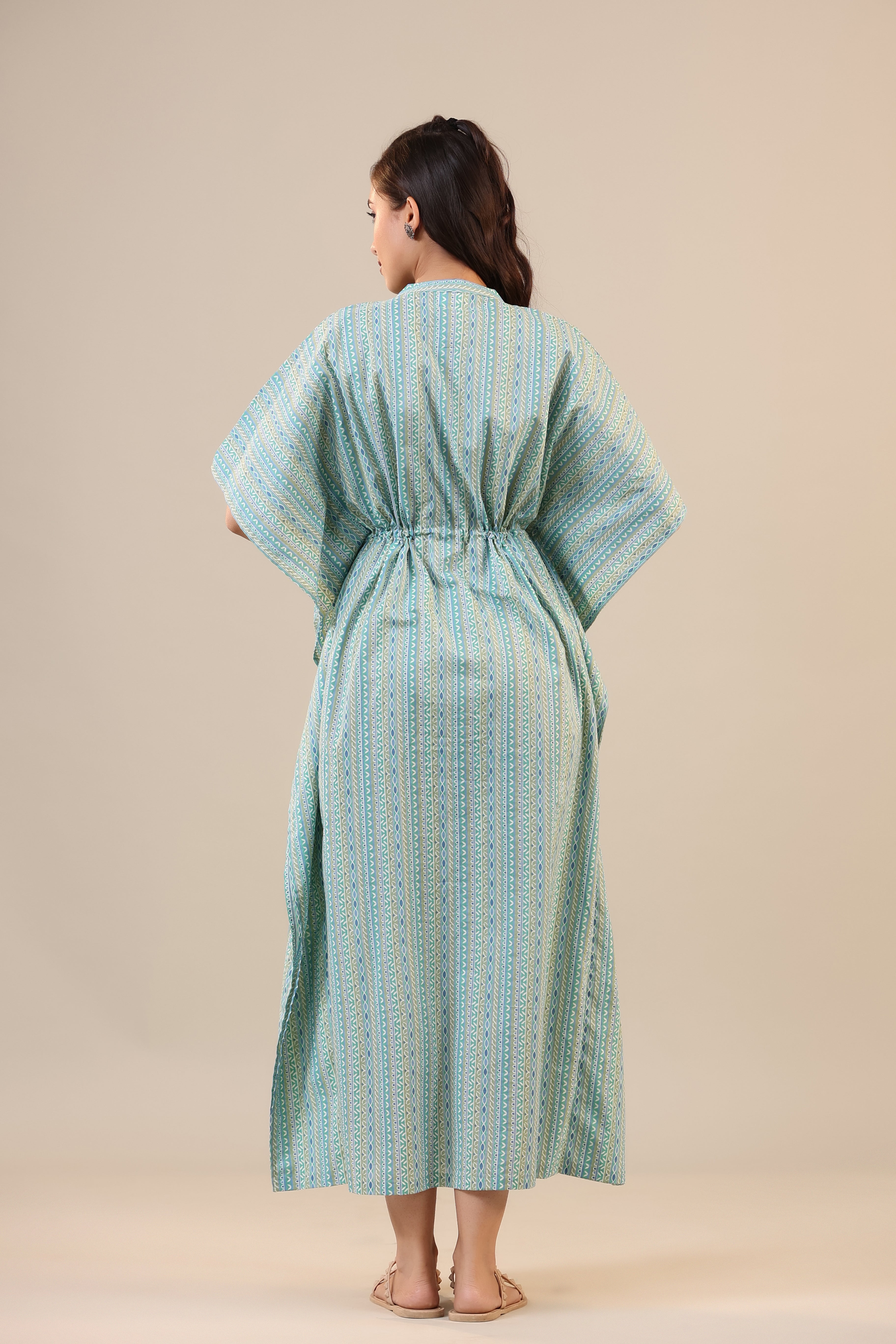 Ethnic Motif Stripes on Blue Front Buttoned Kaftan