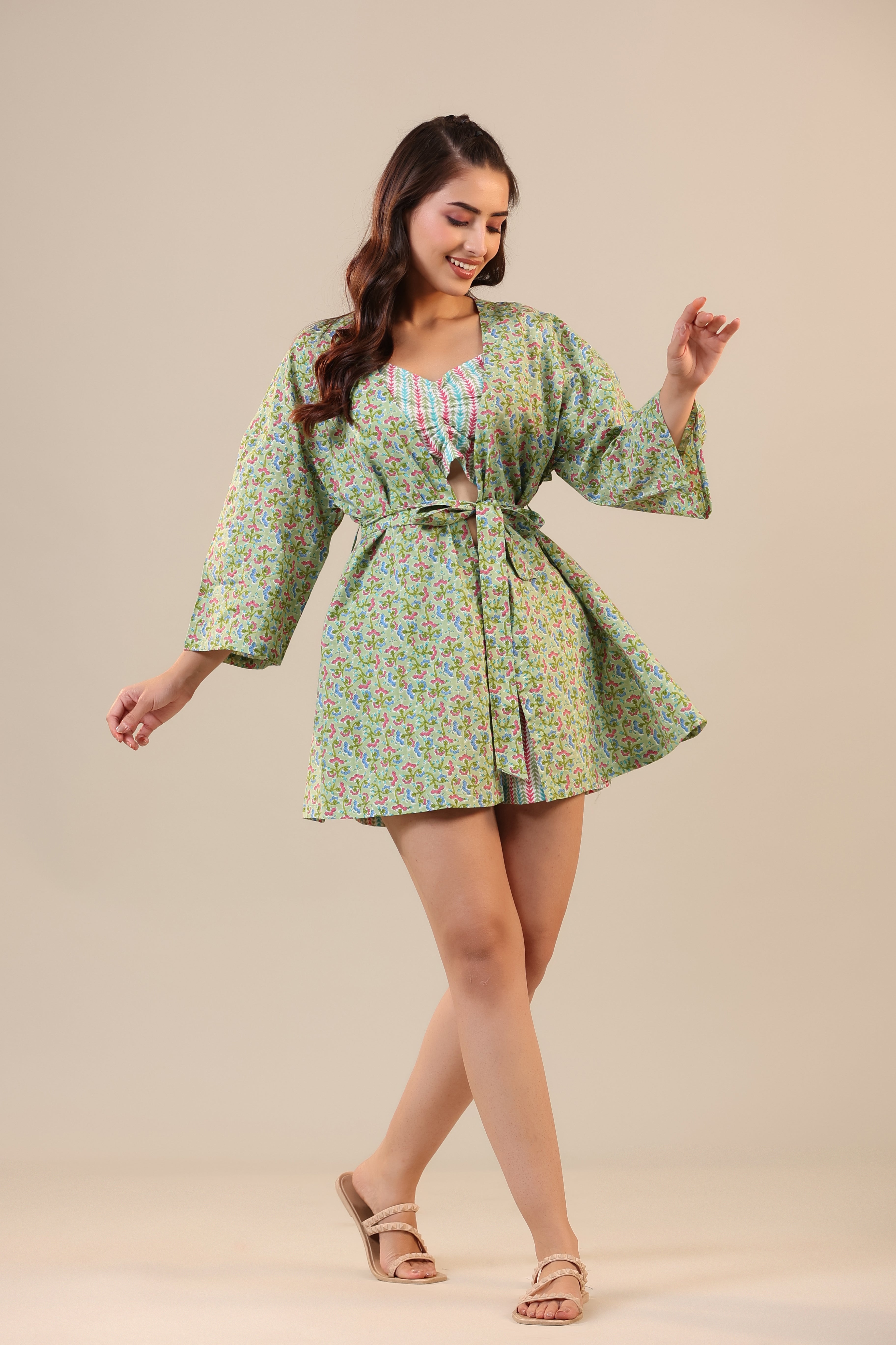 Green Sundae on Crop Cotton Three Piece Shorts set