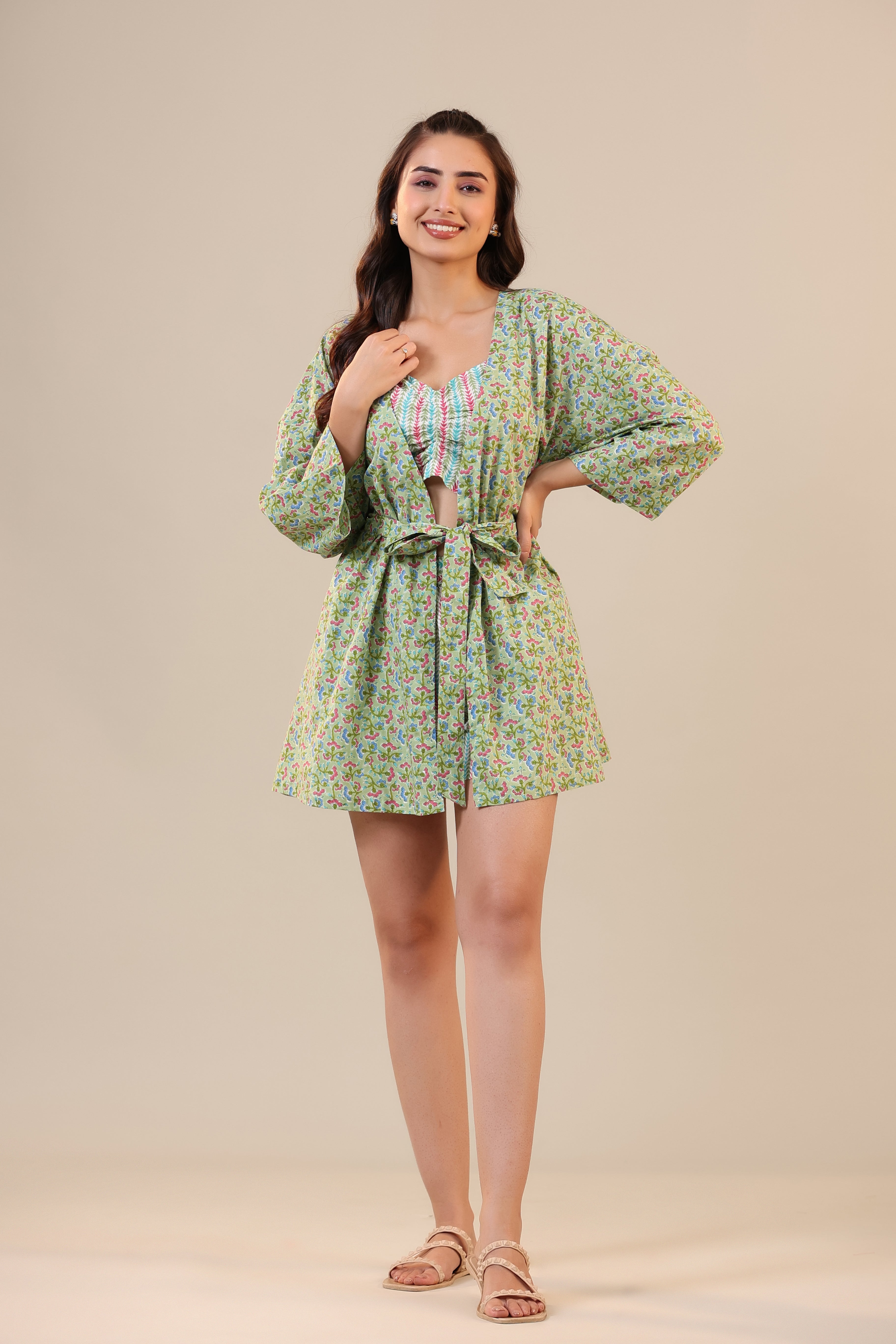 Green Sundae on Crop Cotton Three Piece Shorts set