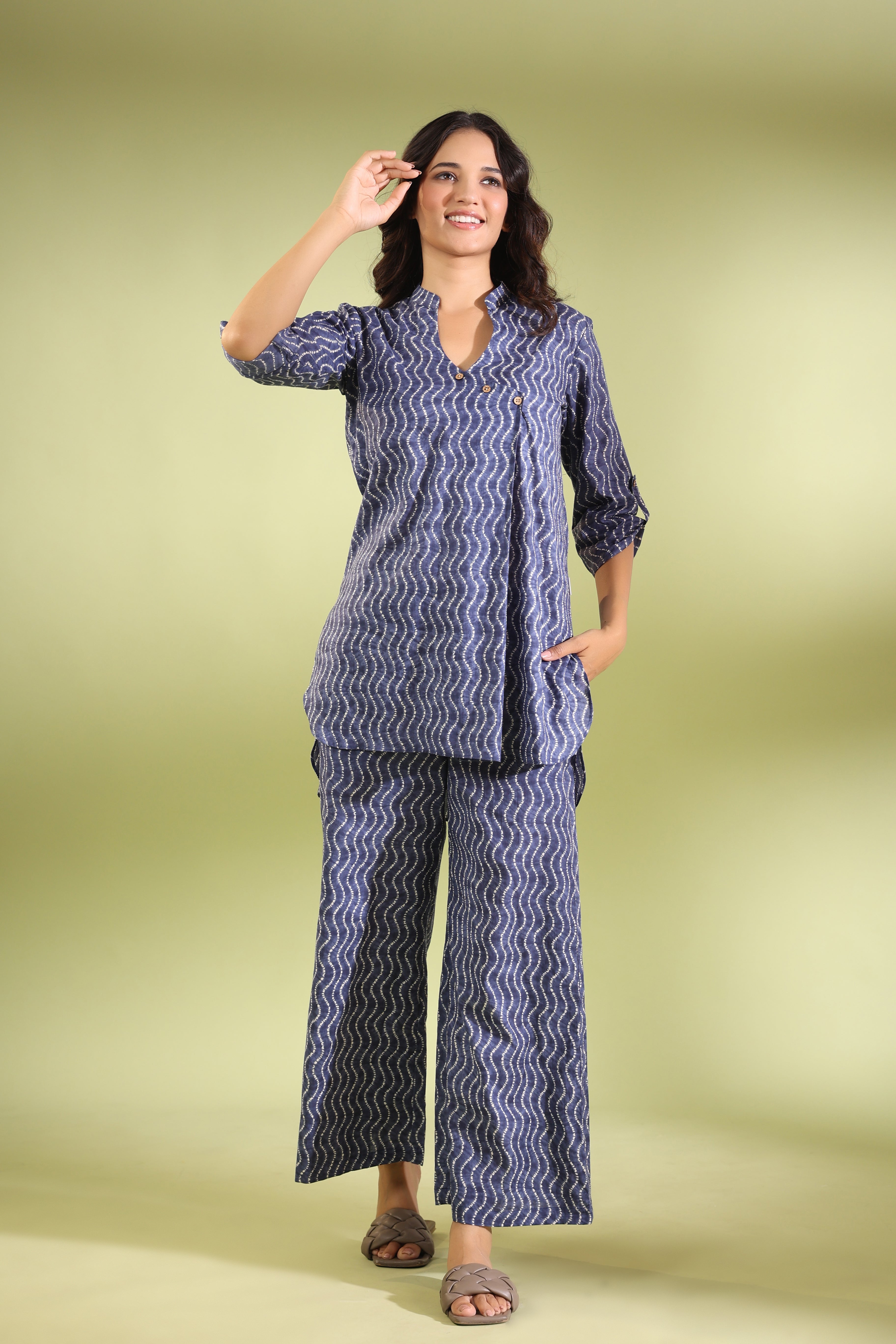 Wavy Shibori on Blue Cotton Co-ord Set