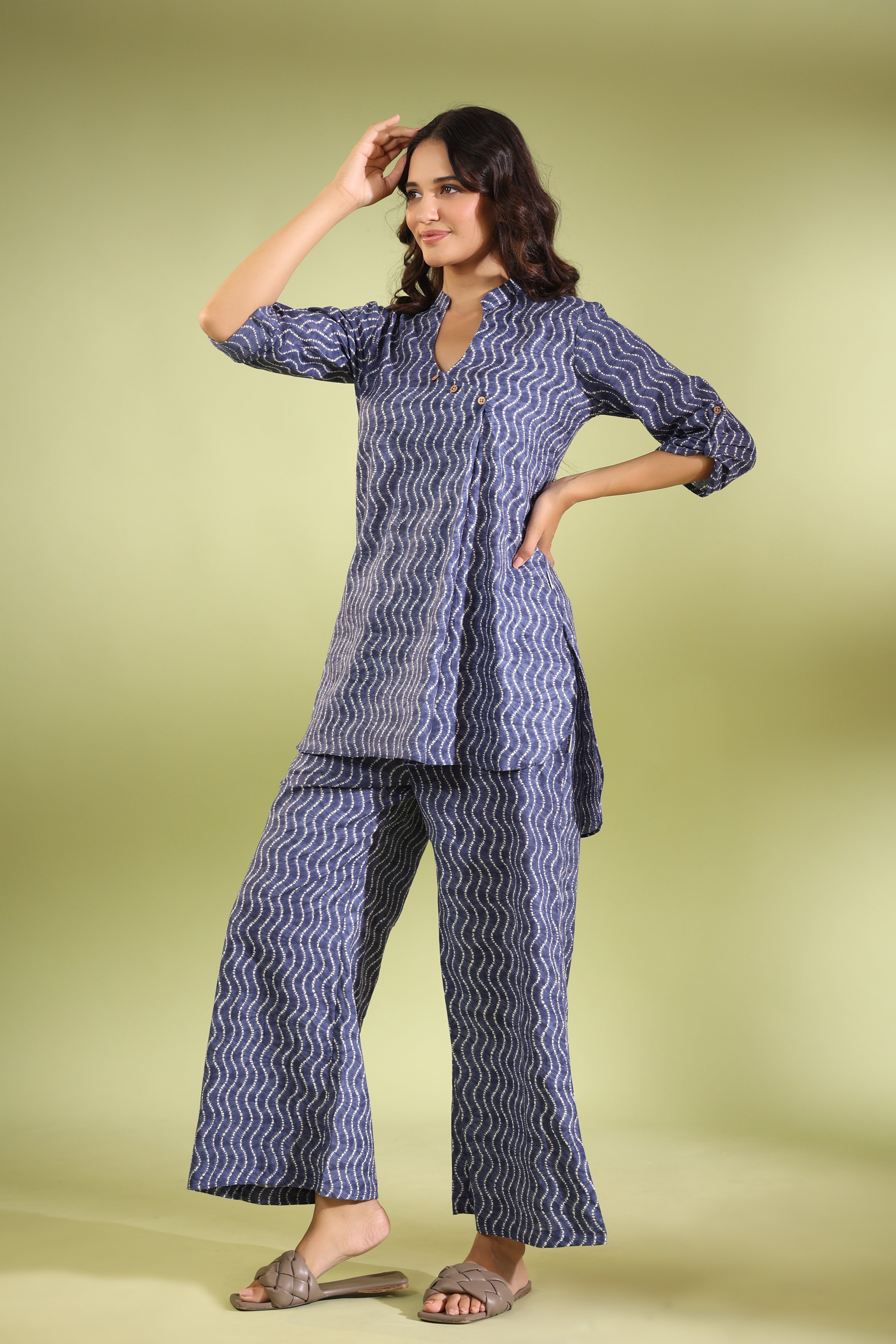 Wavy Shibori on Blue Cotton Co-ord Set