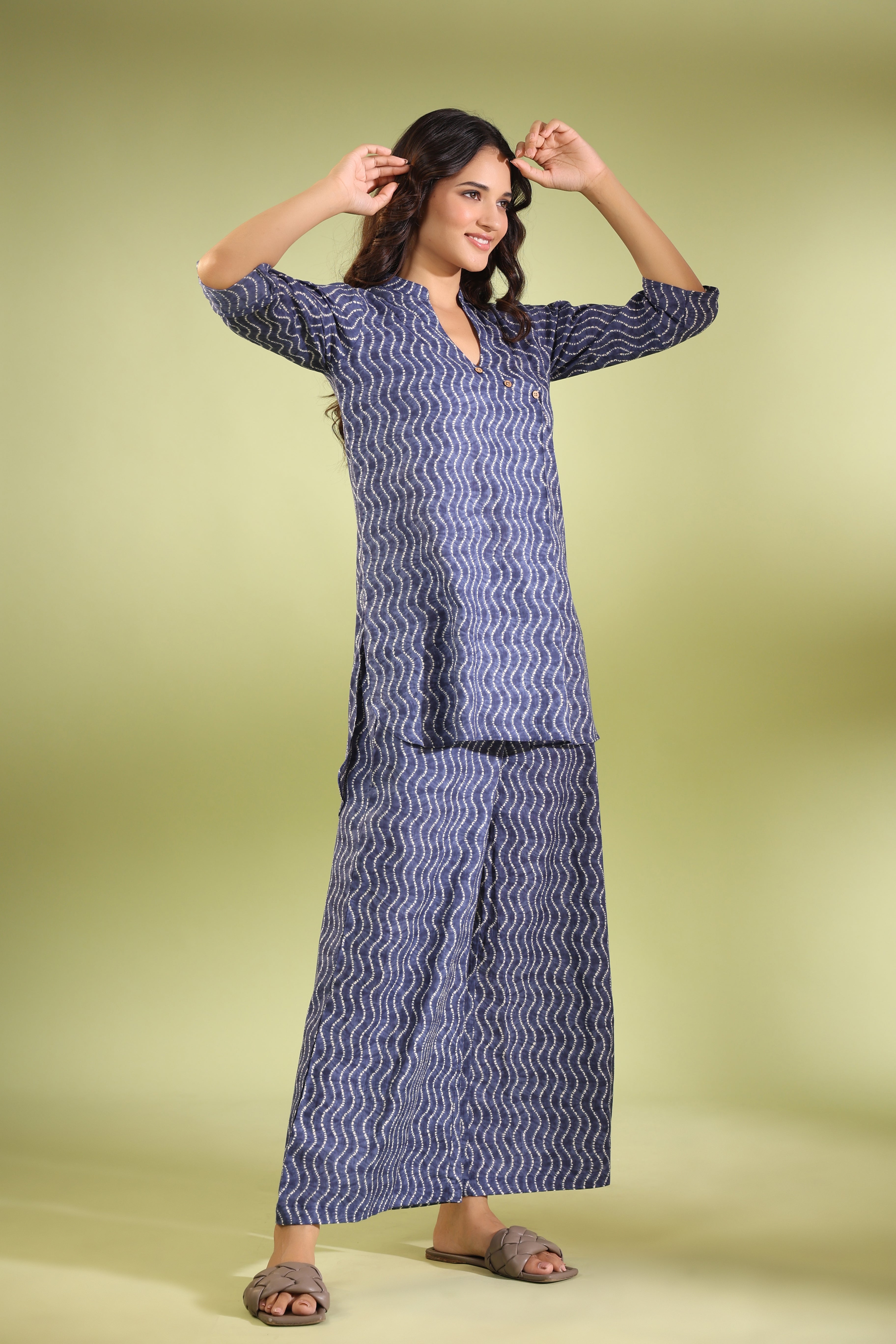 Wavy Shibori on Blue Cotton Co-ord Set