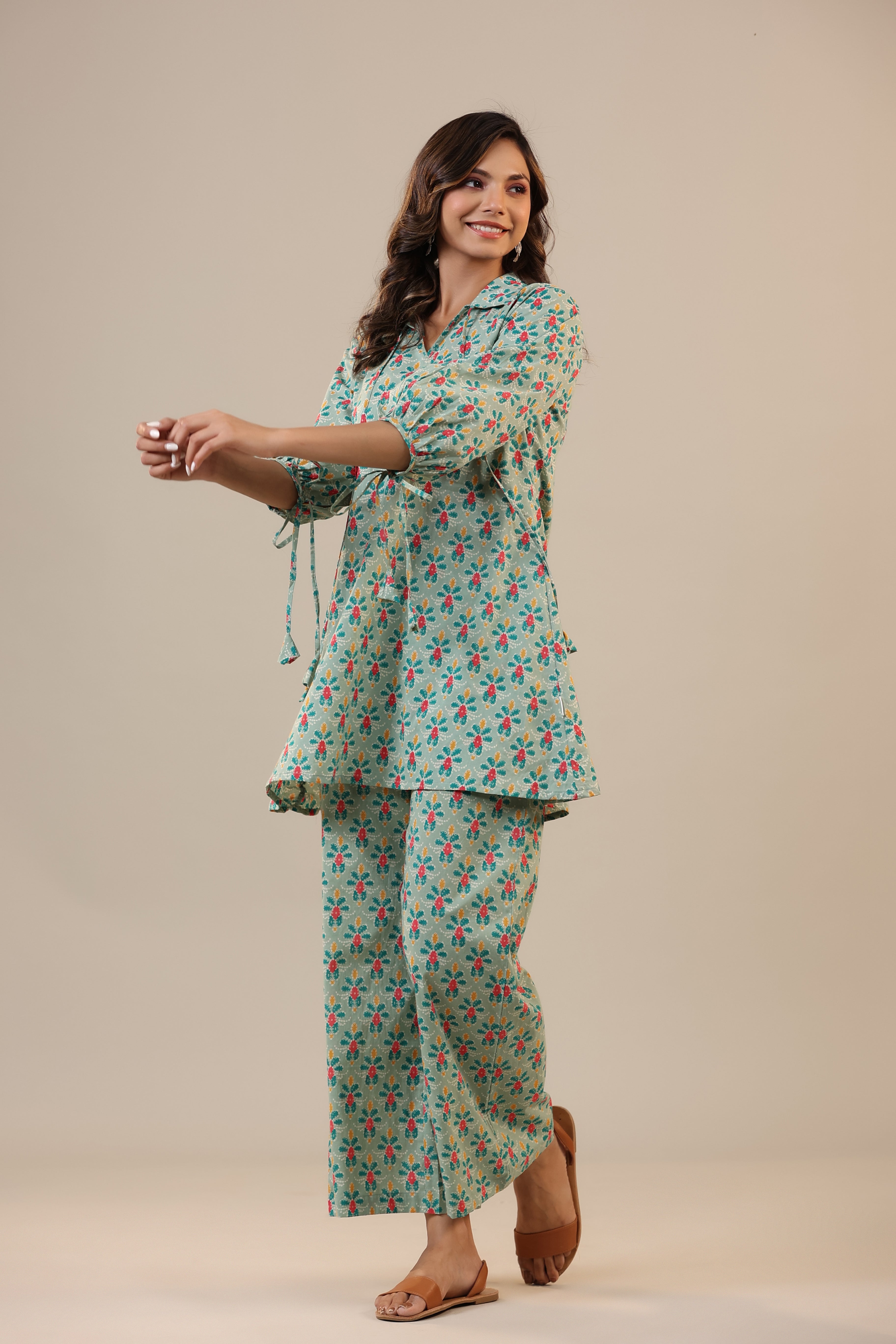 Ikat Checkered Florals on Cotton Collared Co-ord Set