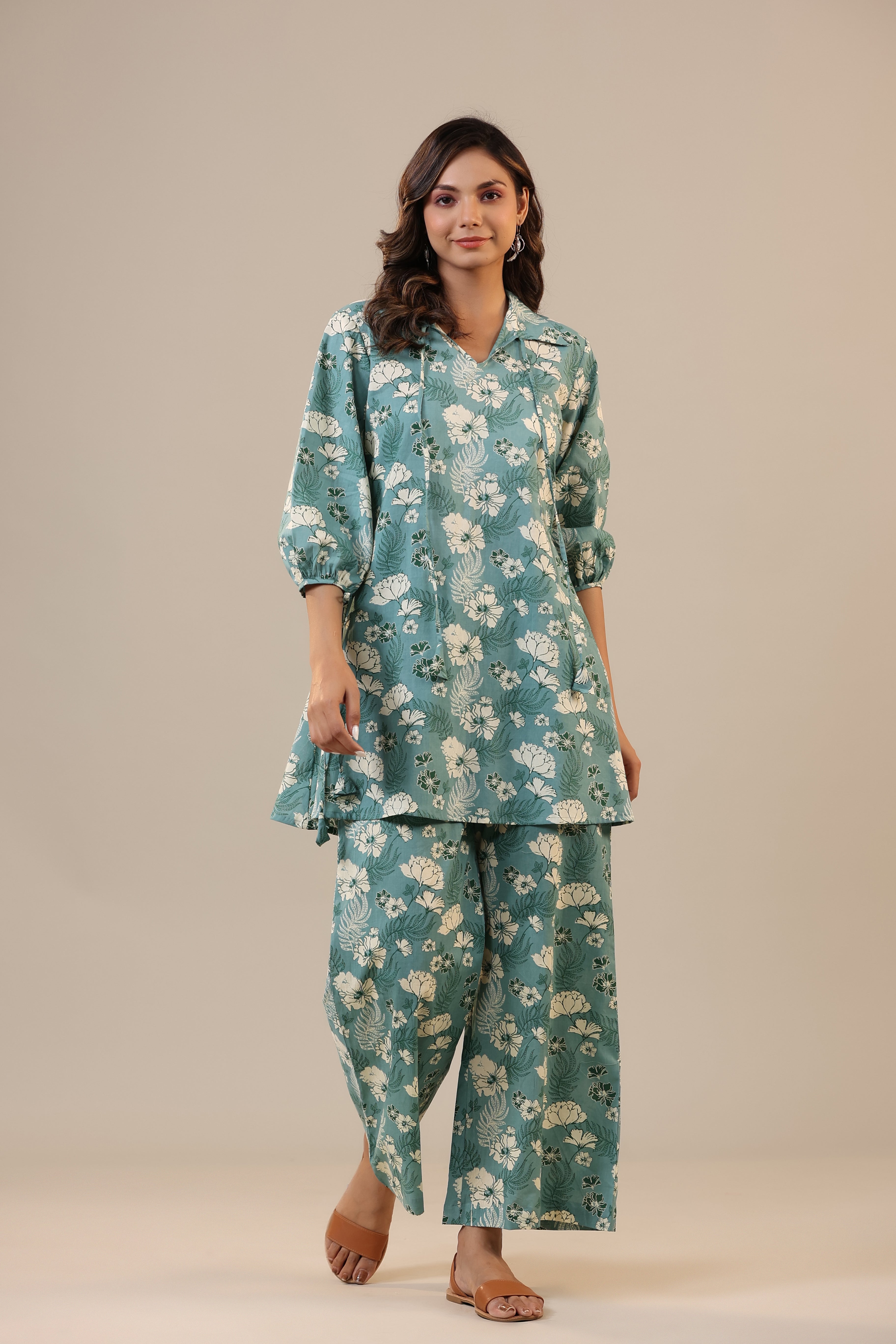 Jasmine on light Blue Cotton Collared Co-ord Set