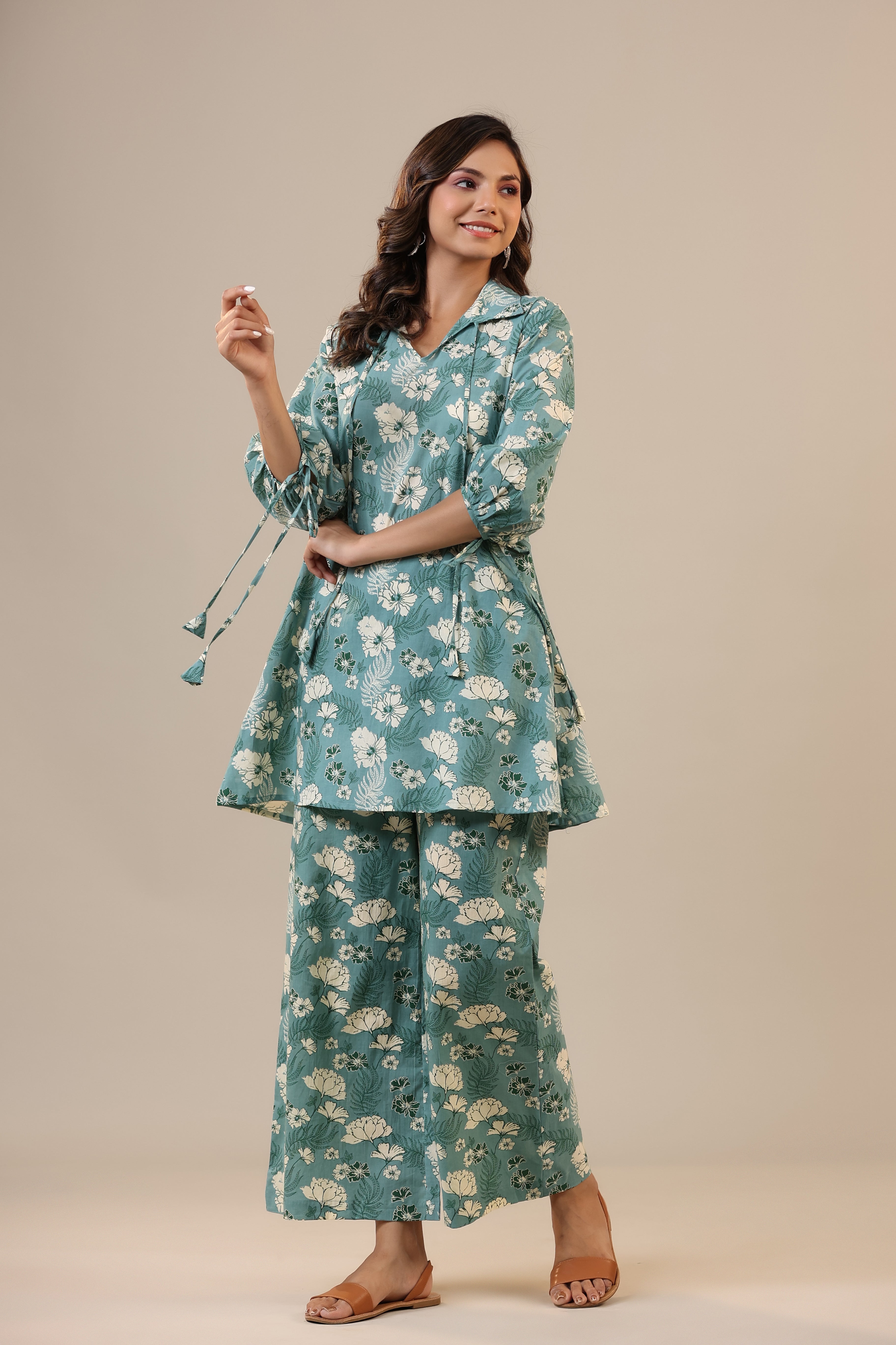 Jasmine on light Blue Cotton Collared Co-ord Set