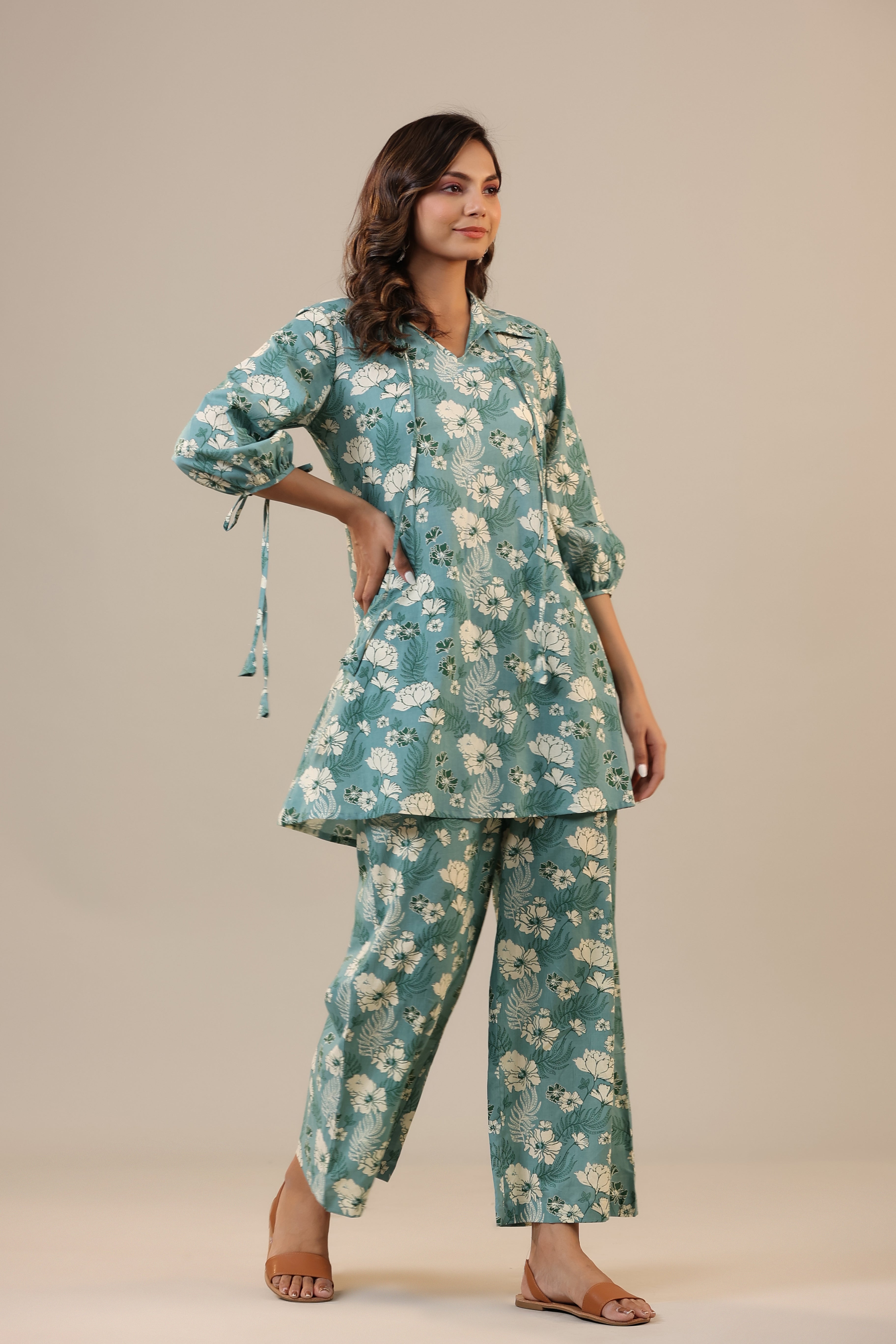 Jasmine on light Blue Cotton Collared Co-ord Set
