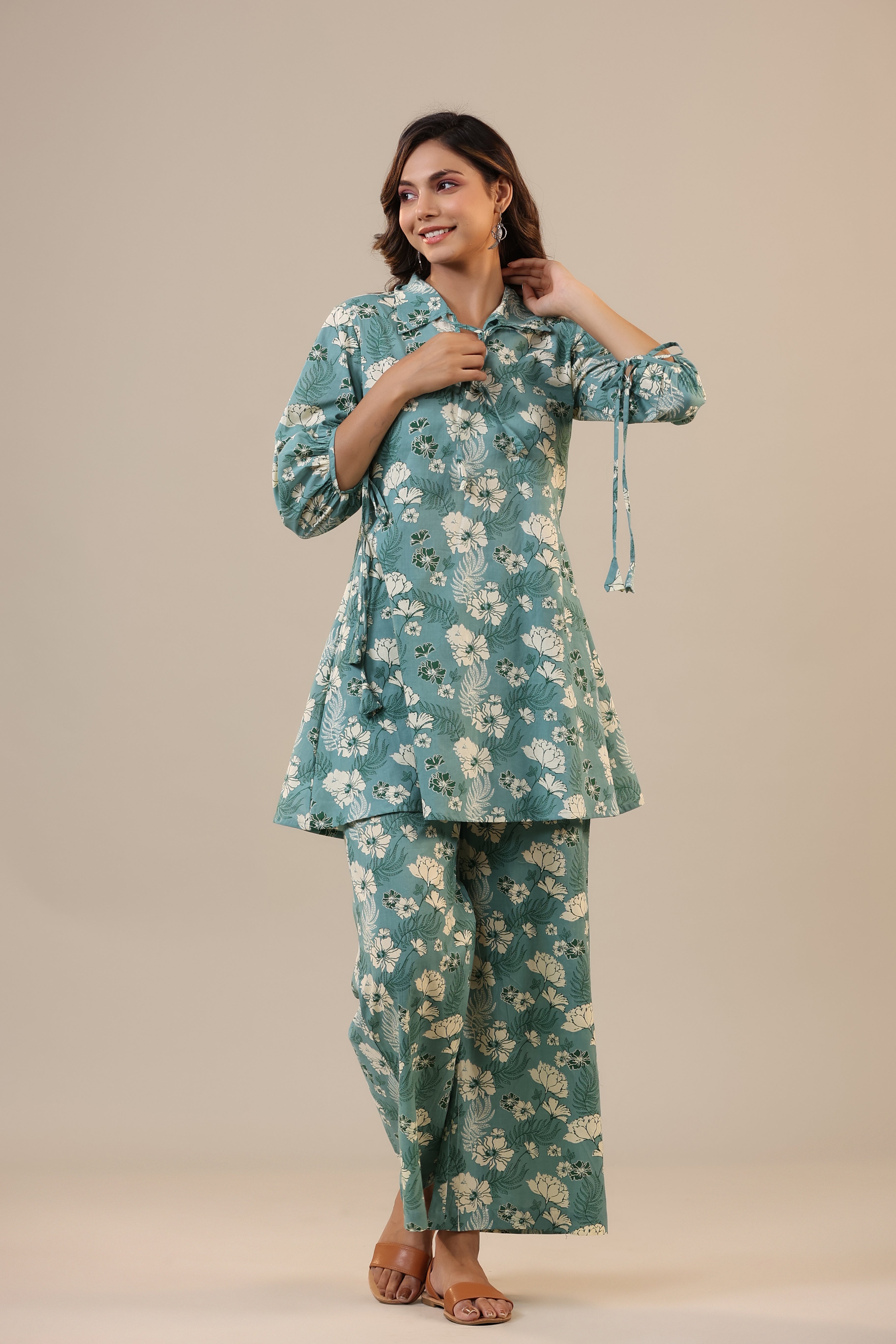 Jasmine on light Blue Cotton Collared Co-ord Set