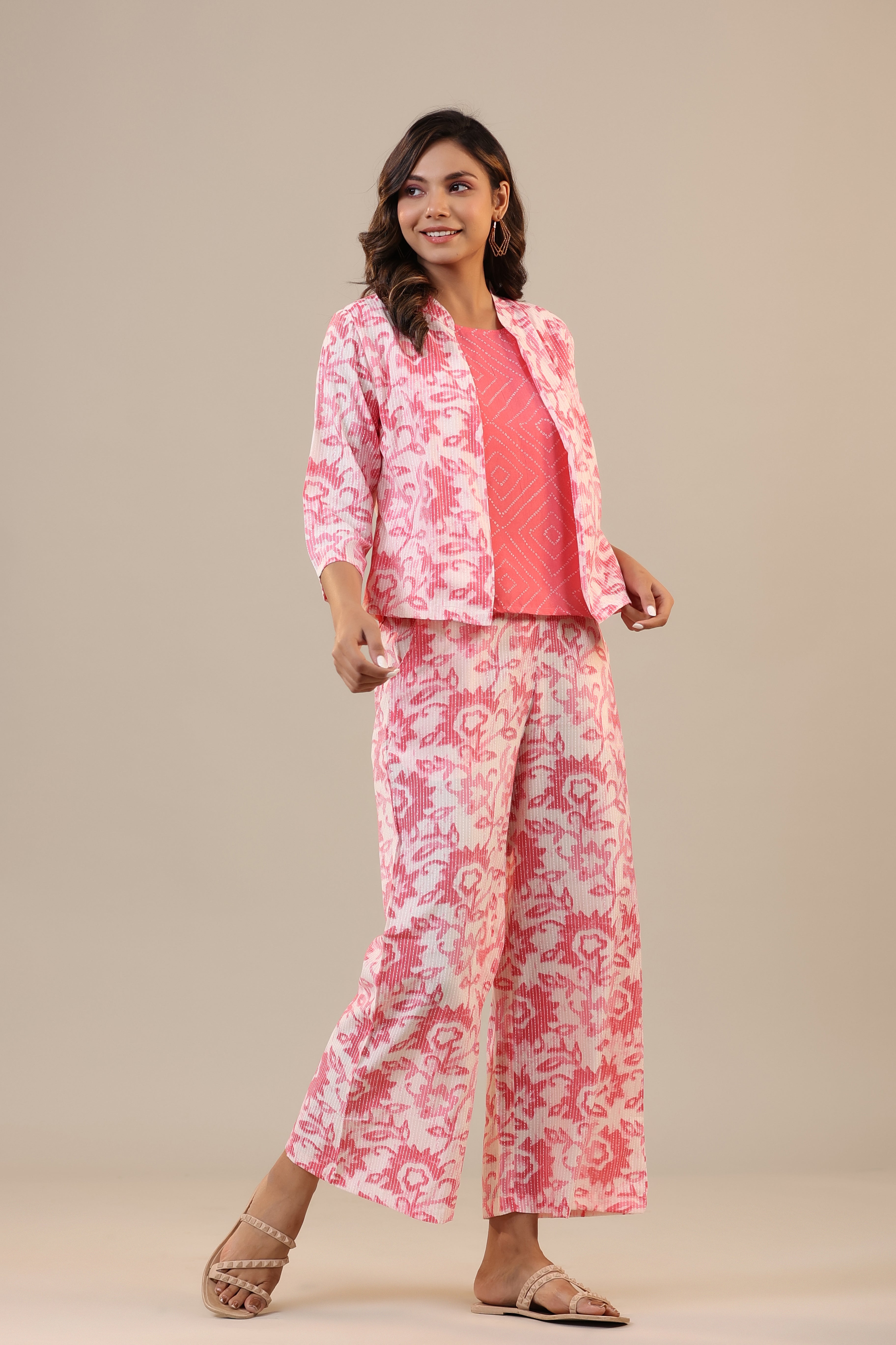 Pink Florals With Bandhej on Cotton Three Piece Set