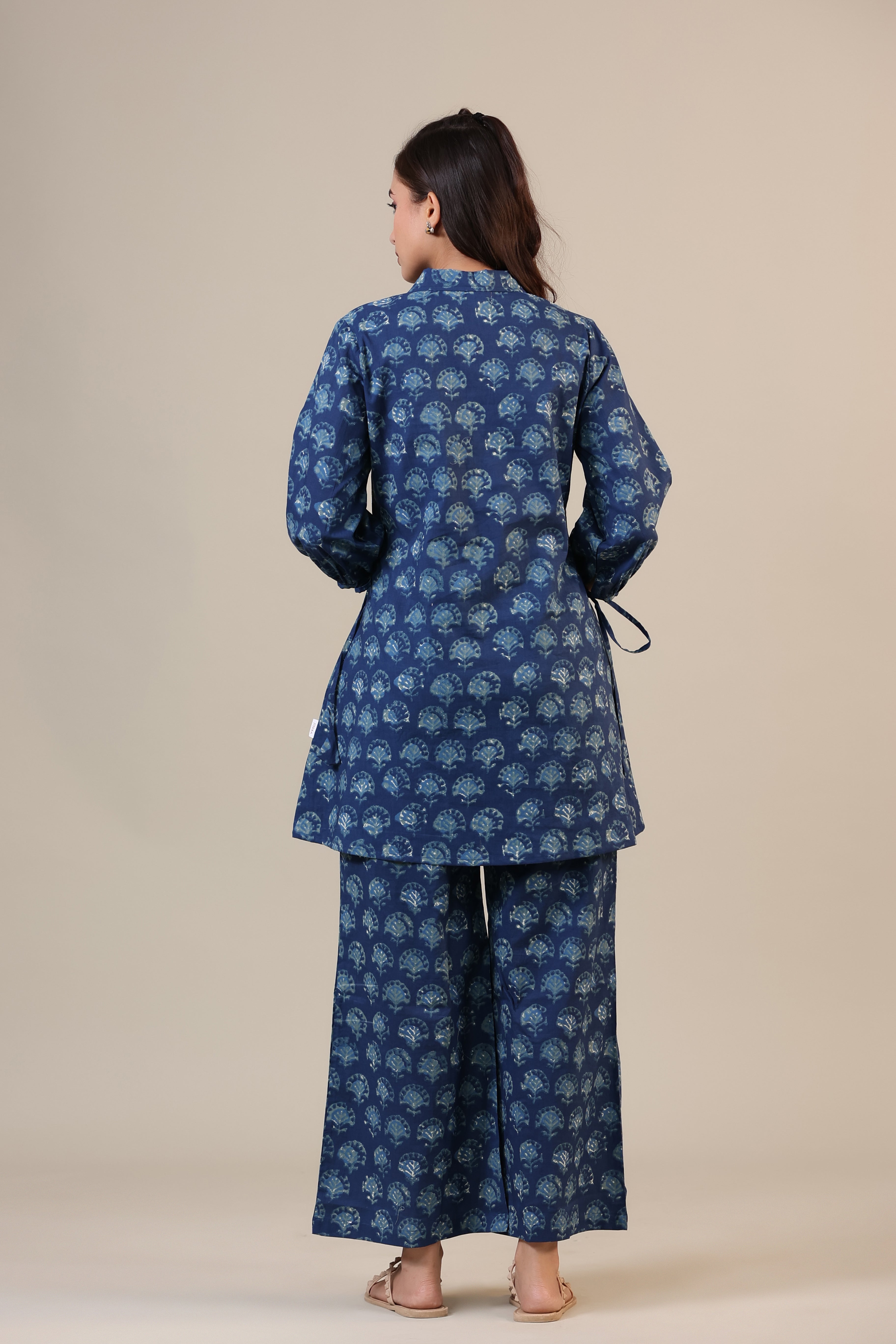 Stamped Motifs on Blue Collared Cotton Co-ord Set