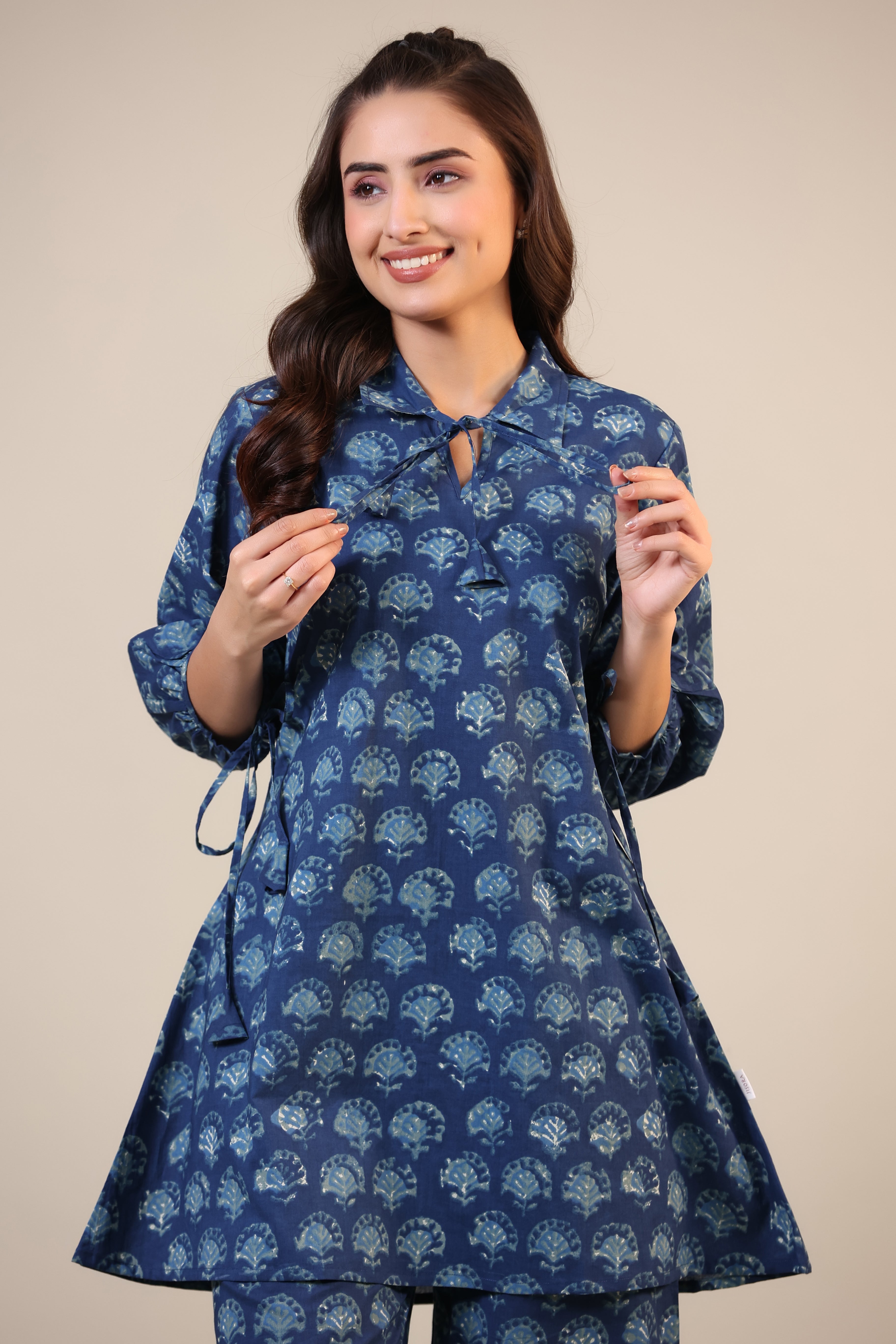Stamped Motifs on Blue Collared Cotton Co-ord Set