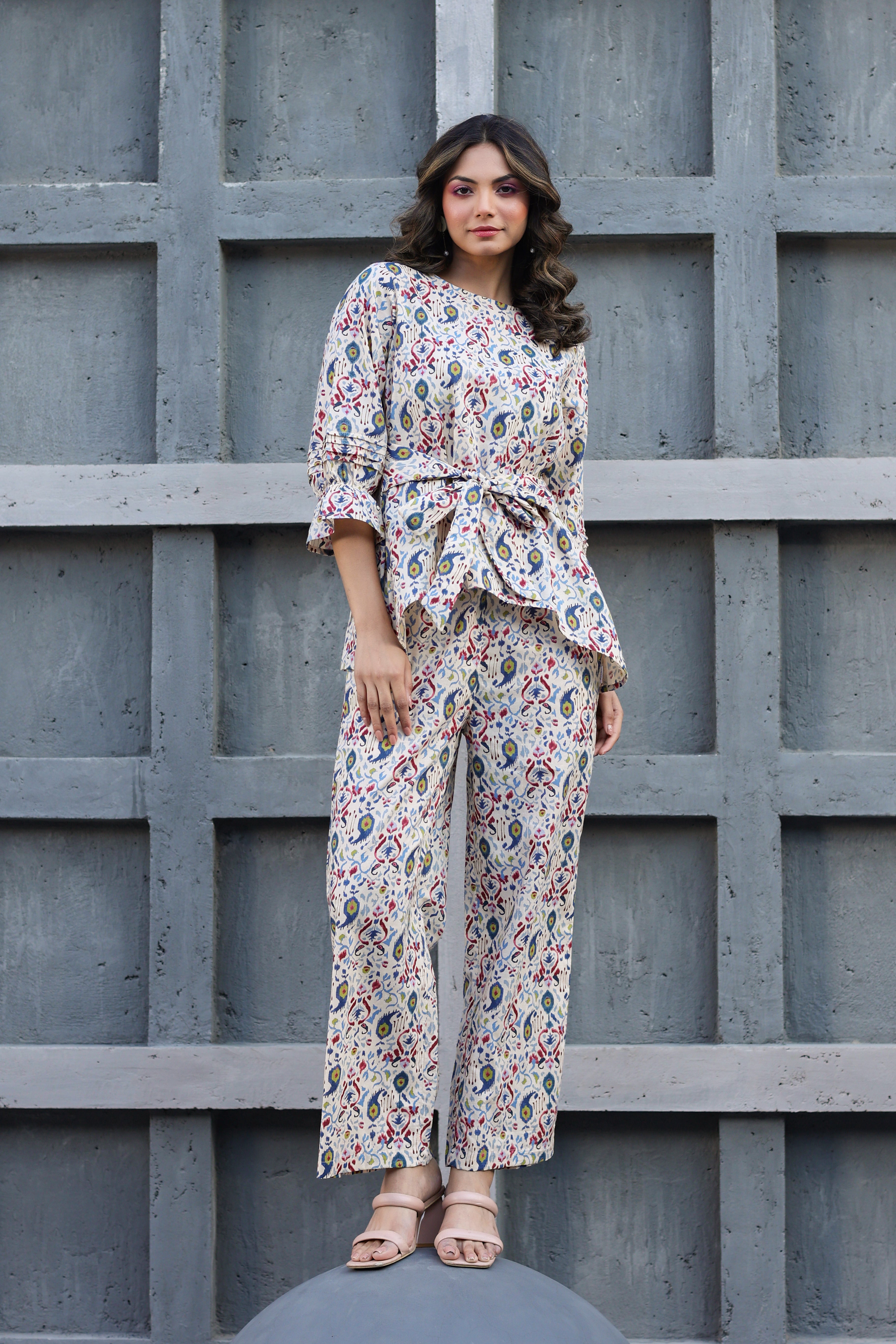 Ikat Multi Print on Off white Cotton Front tie Co-ord set