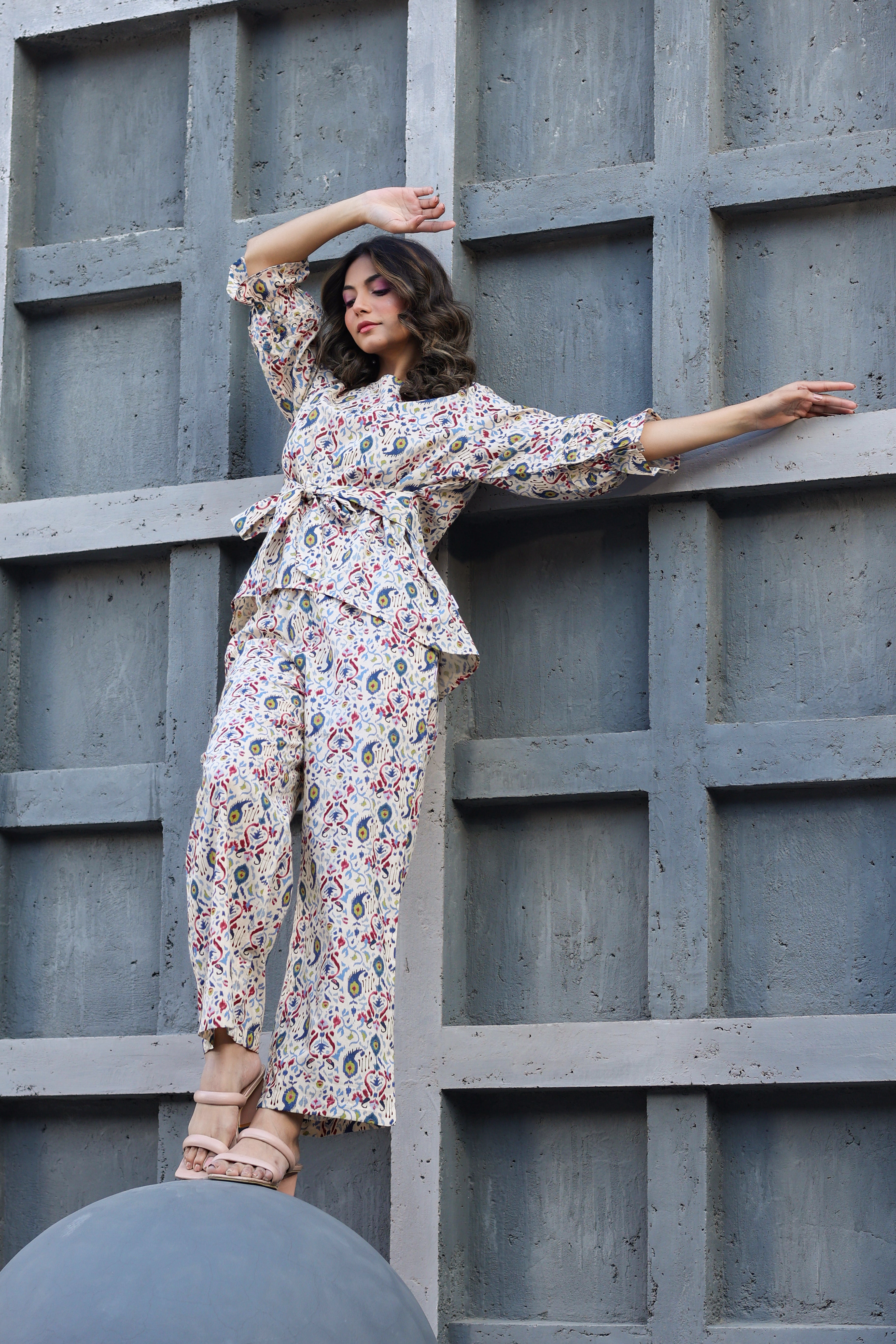 Ikat Multi Print on Off white Cotton Front tie Co-ord set