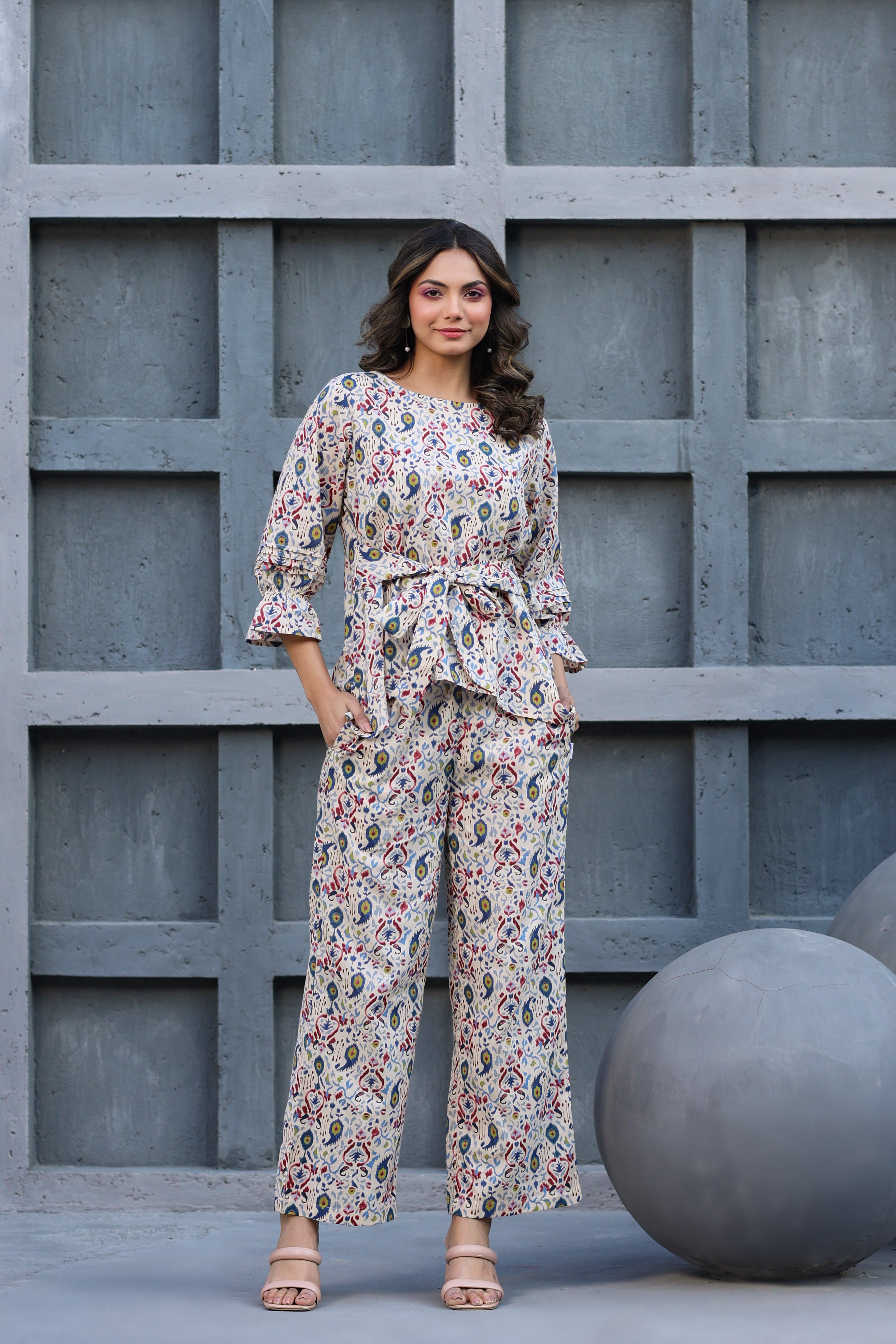 Ikat Multi Print on Off white Cotton Front tie Co-ord set