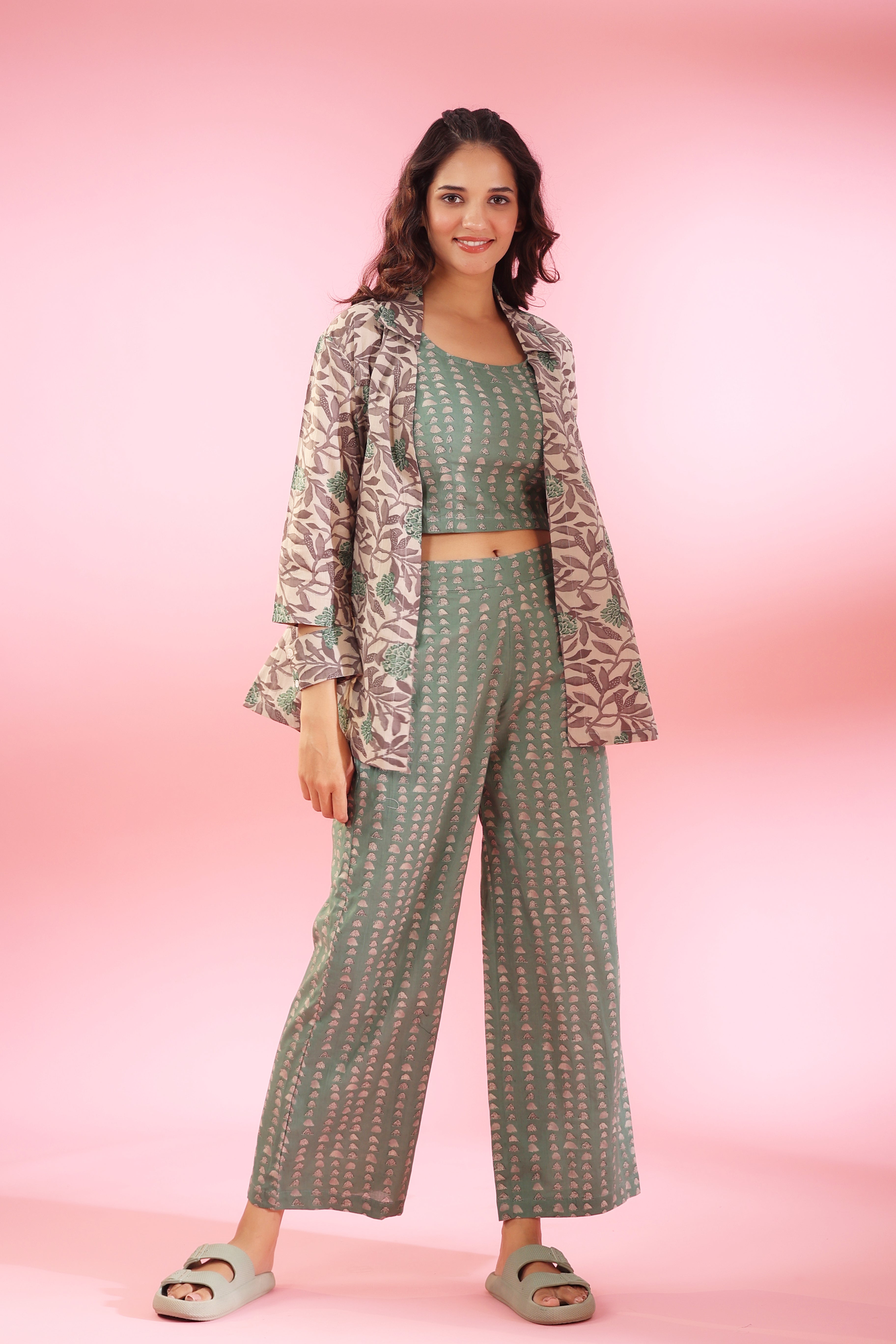 Parallel Lines with Grey Floral Shrug Cotton Three Piece Co-ord Set