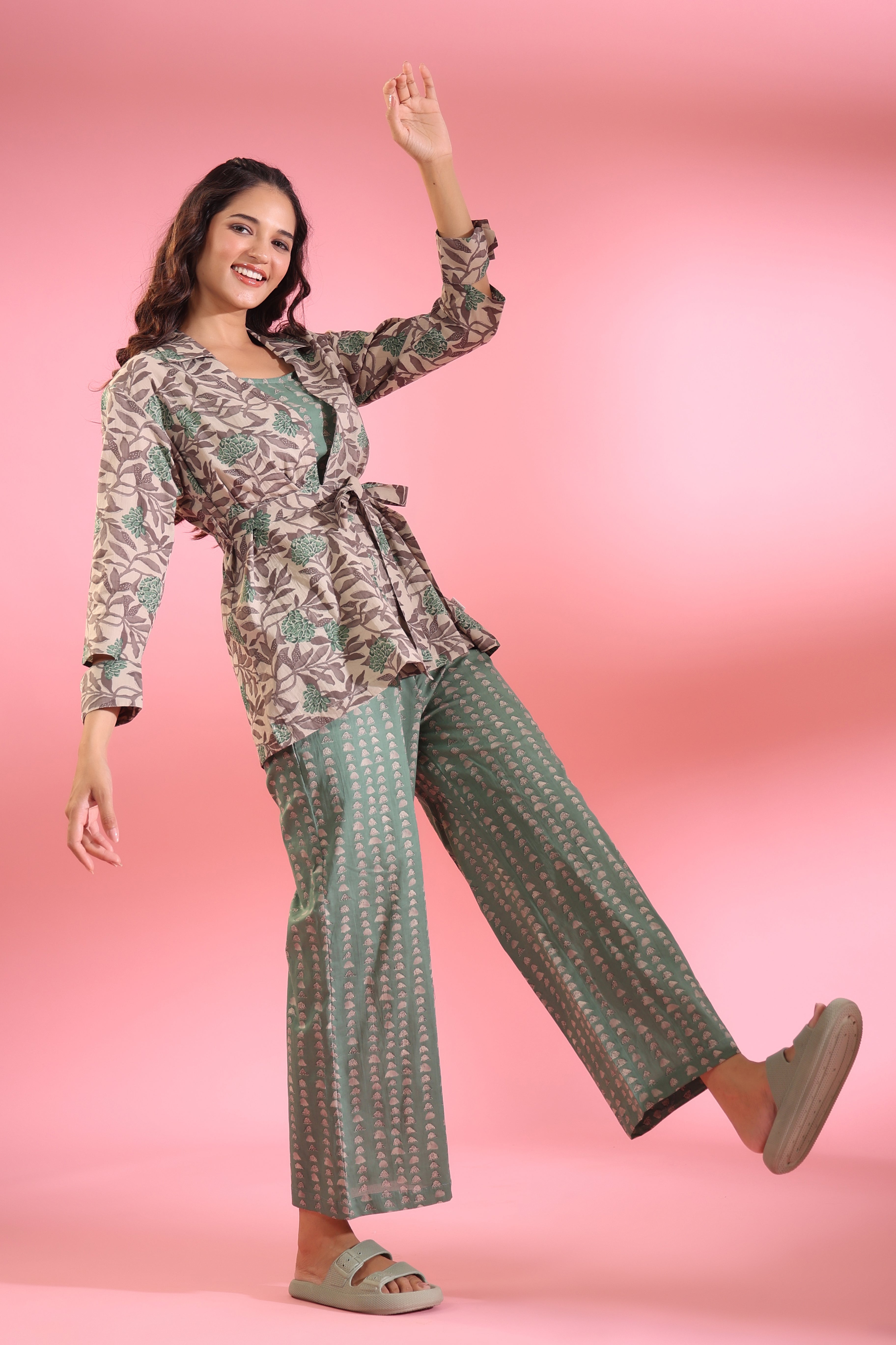 Parallel Lines with Grey Floral Shrug Cotton Three Piece Co-ord Set