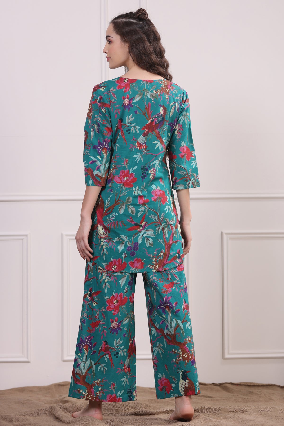 Chirping Bird on Teal Cotton Palazzo Loungewear Set