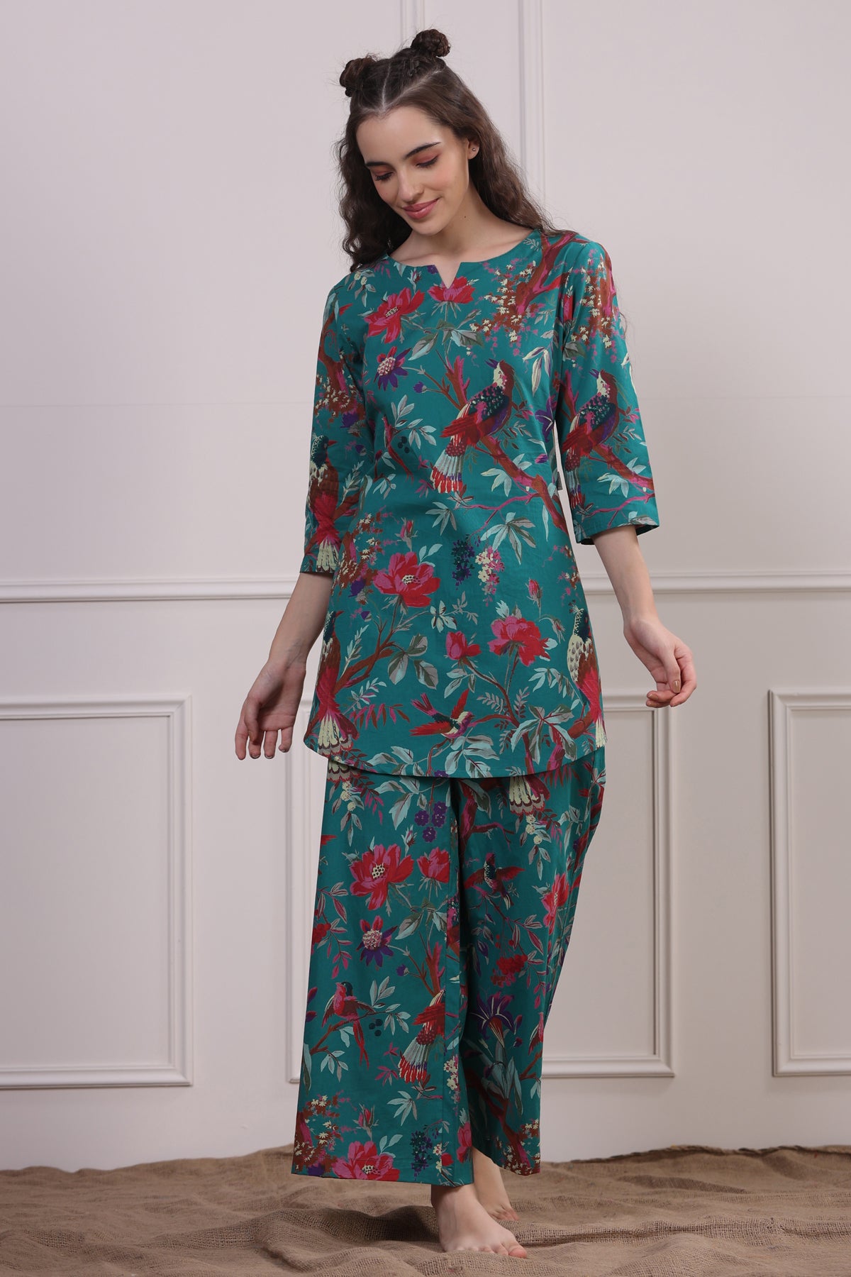 Chirping Bird on Teal Cotton Palazzo Loungewear Set