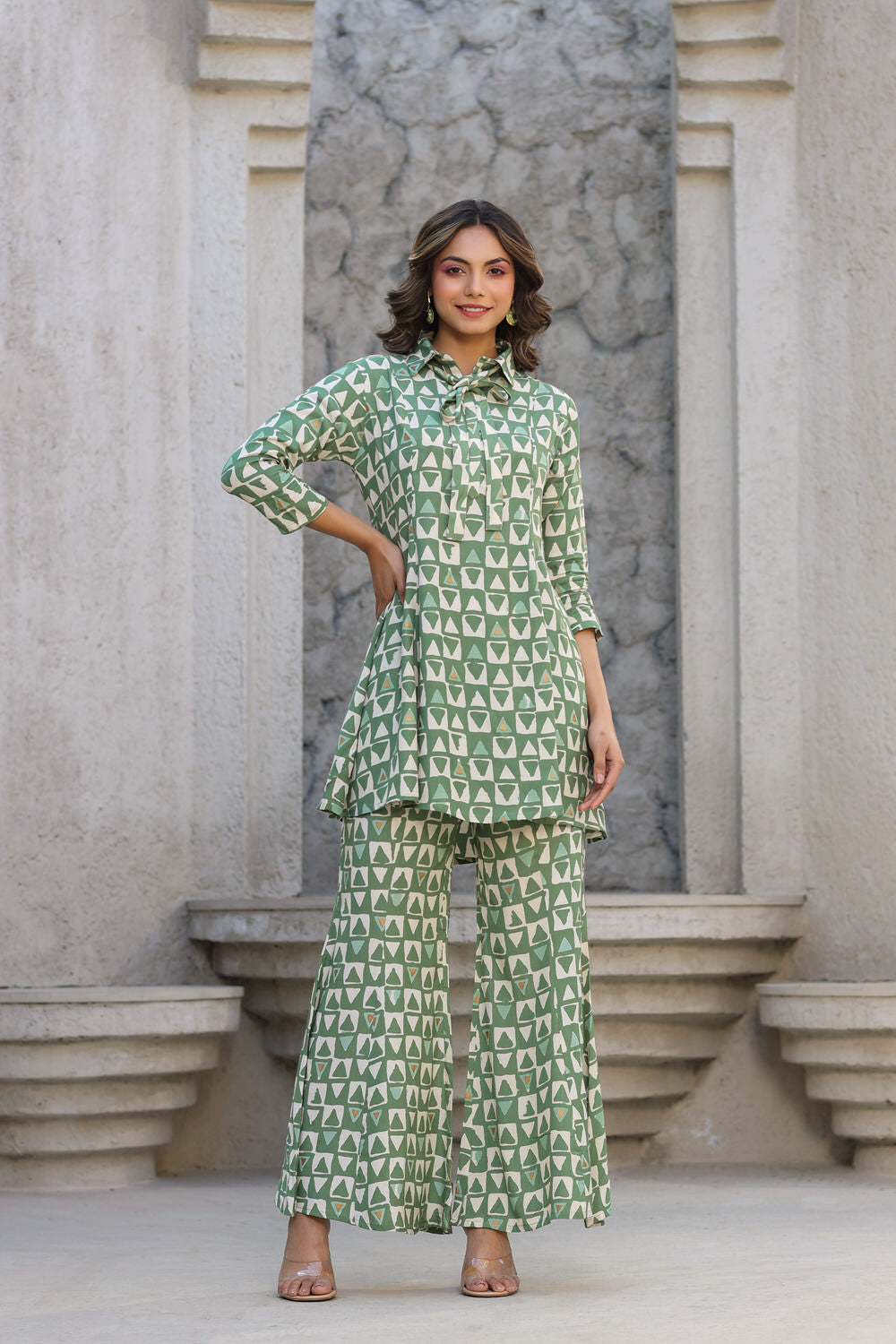 Abstract print on Green Muslin Silk Co-ord Set