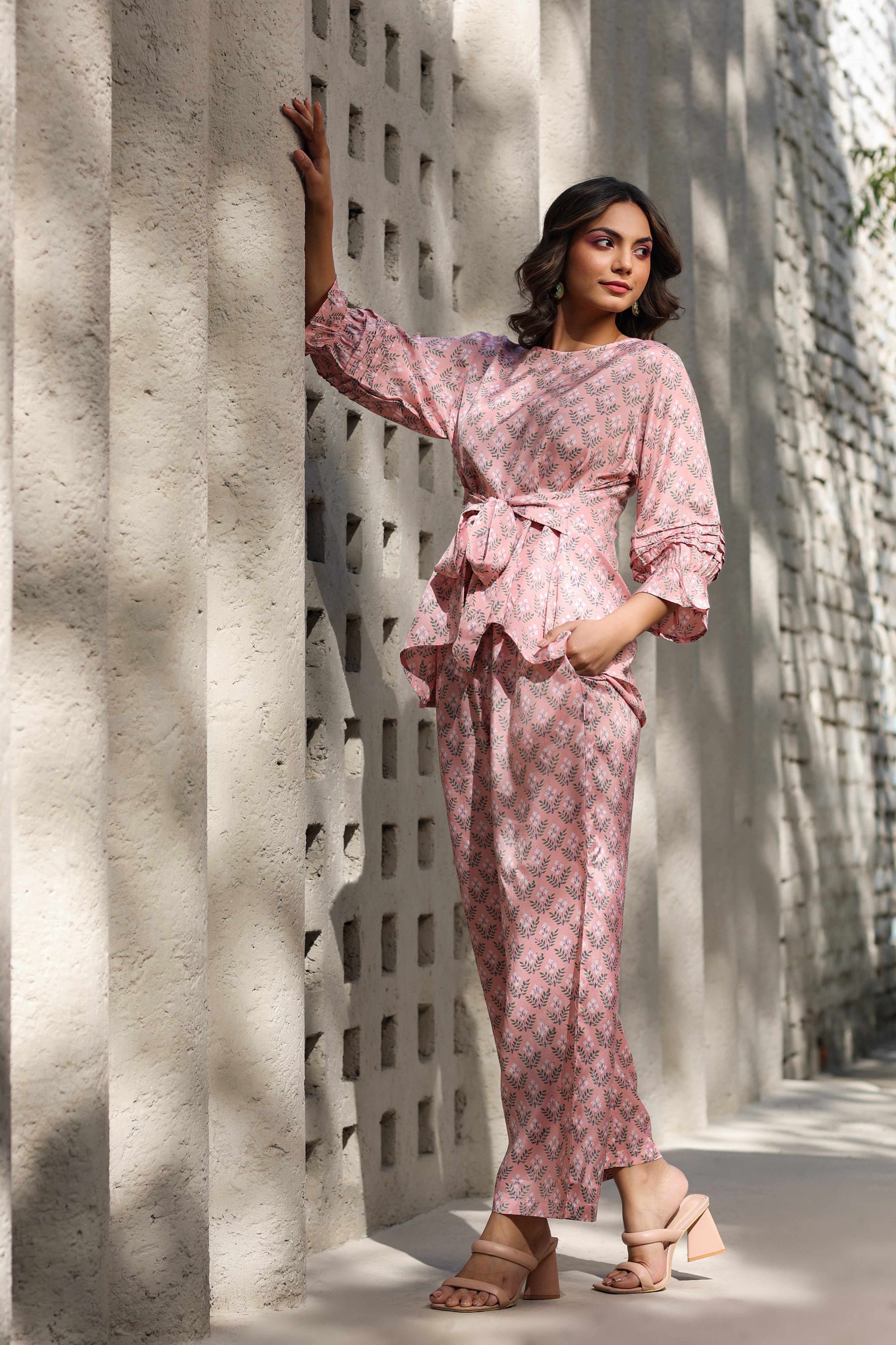 Orchids on Pink Front Tie Russian Silk Co-ord Set