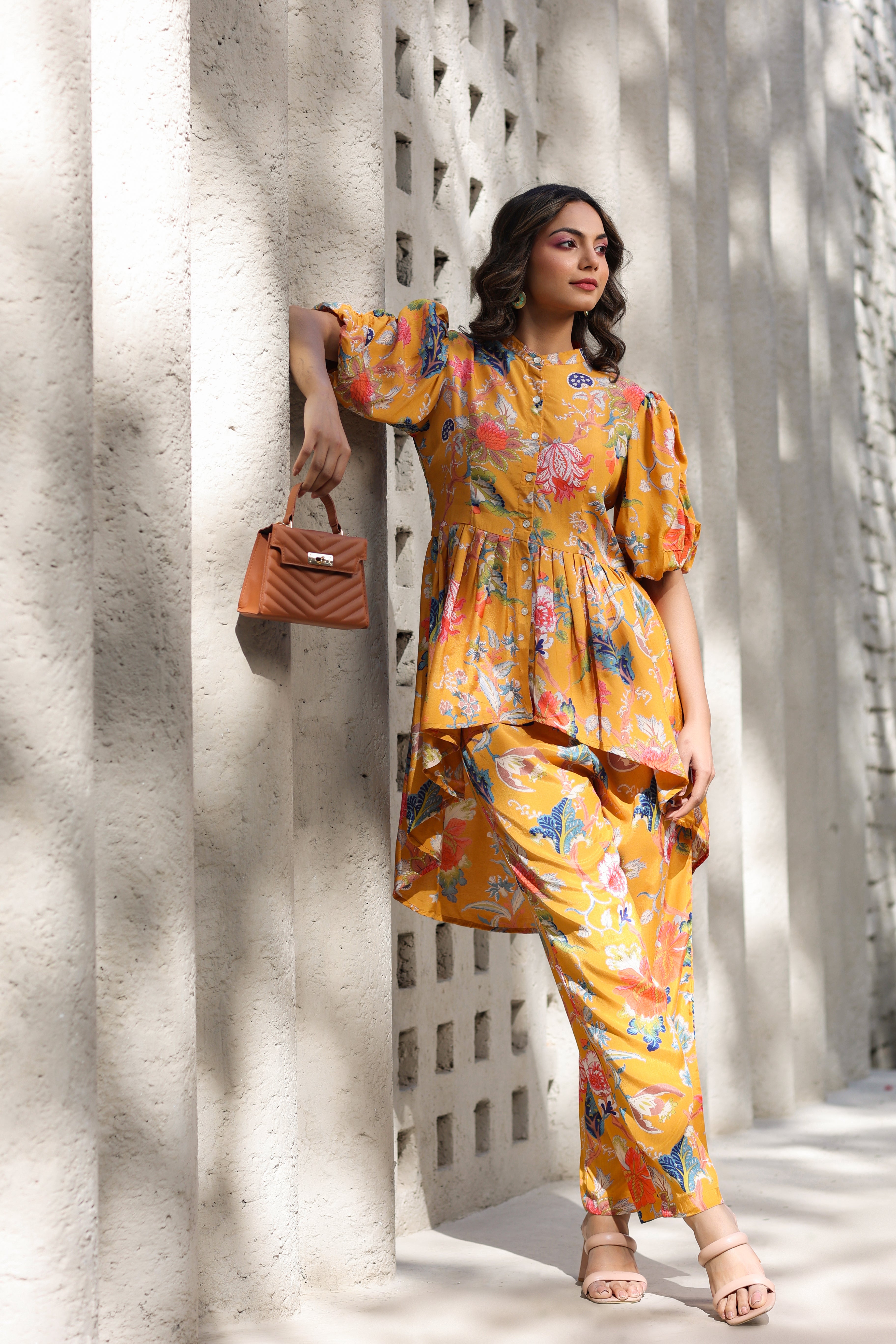 Floral Jaal on a Mustard Russian Silk Peplum Co-ord Set